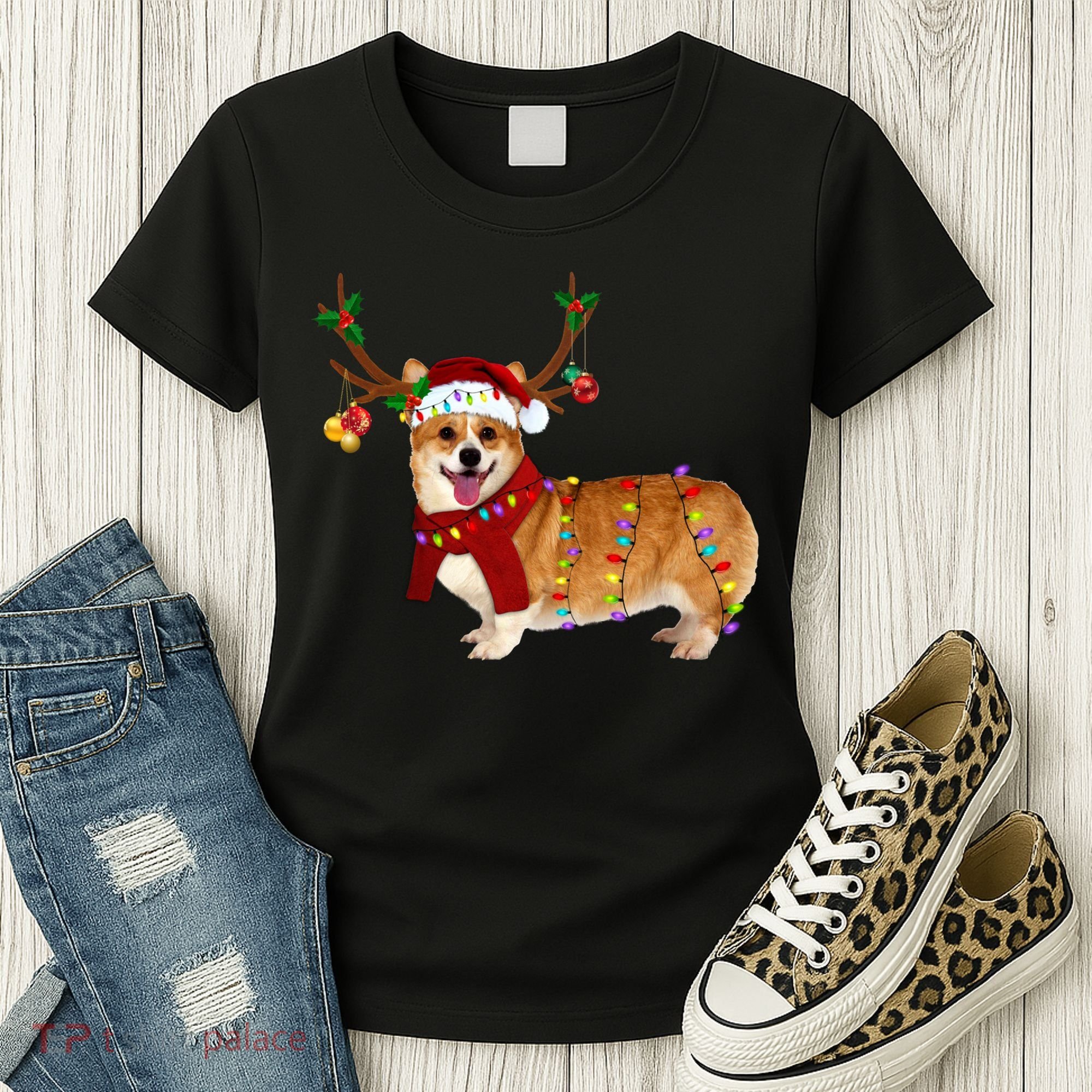 Santa Corgi Reindeer Light Christmas Gift Women's T-Shirt
