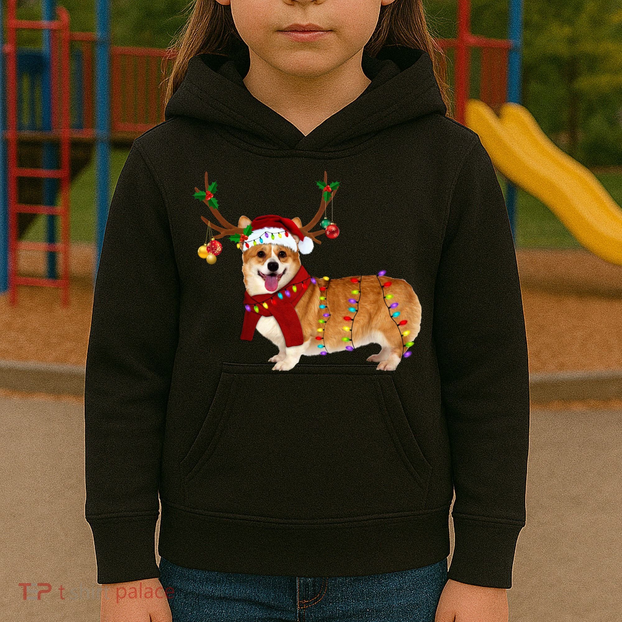 Santa Corgi Reindeer Light Christmas Gift Kids Hoodie