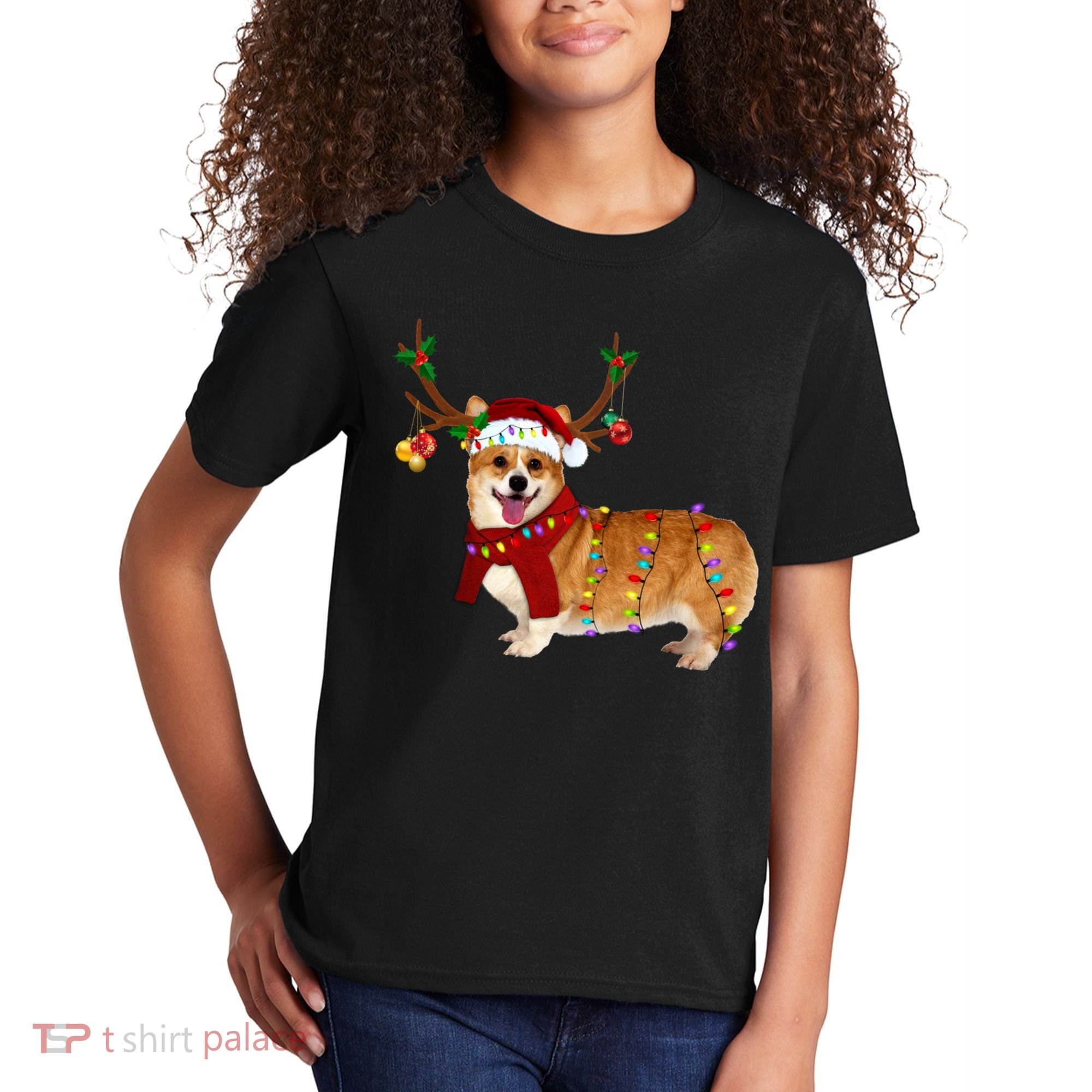 Santa Corgi Reindeer Light Christmas Gift Kids T-Shirt