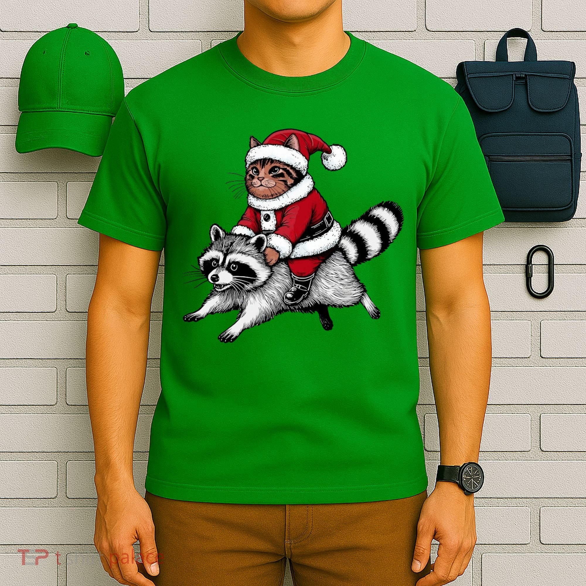 Santa Cat Raccoon Funny Christmas Animal Lover T-Shirt