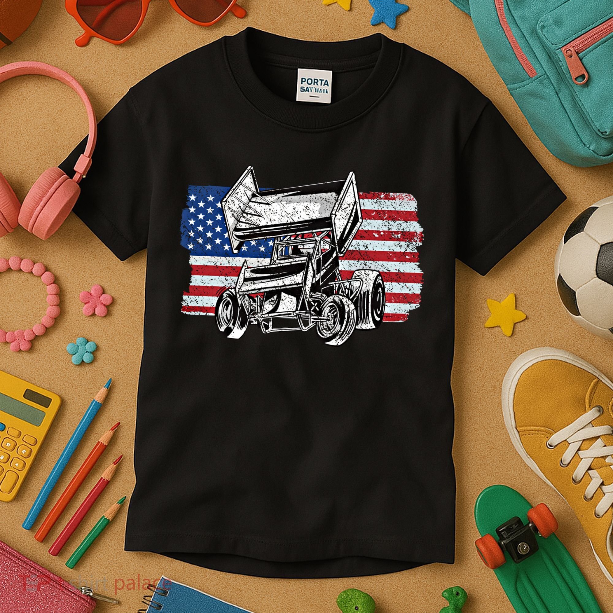 Sprint Car Racing Usa Flag Gift Kids T-Shirt
