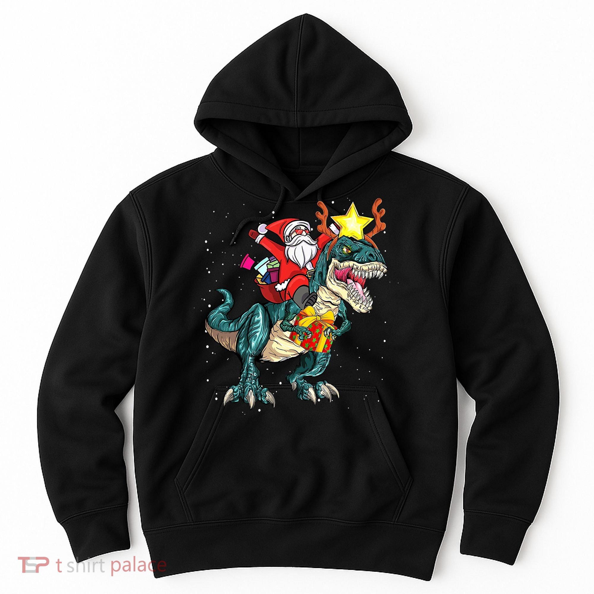 Santa Claus Riding Dinosaur T Rex Christmas Ugly Xmas Boys Hoodie