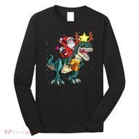 Santa Claus Riding Dinosaur T Rex Christmas Ugly Xmas Boys Long Sleeve Shirt thumb 0