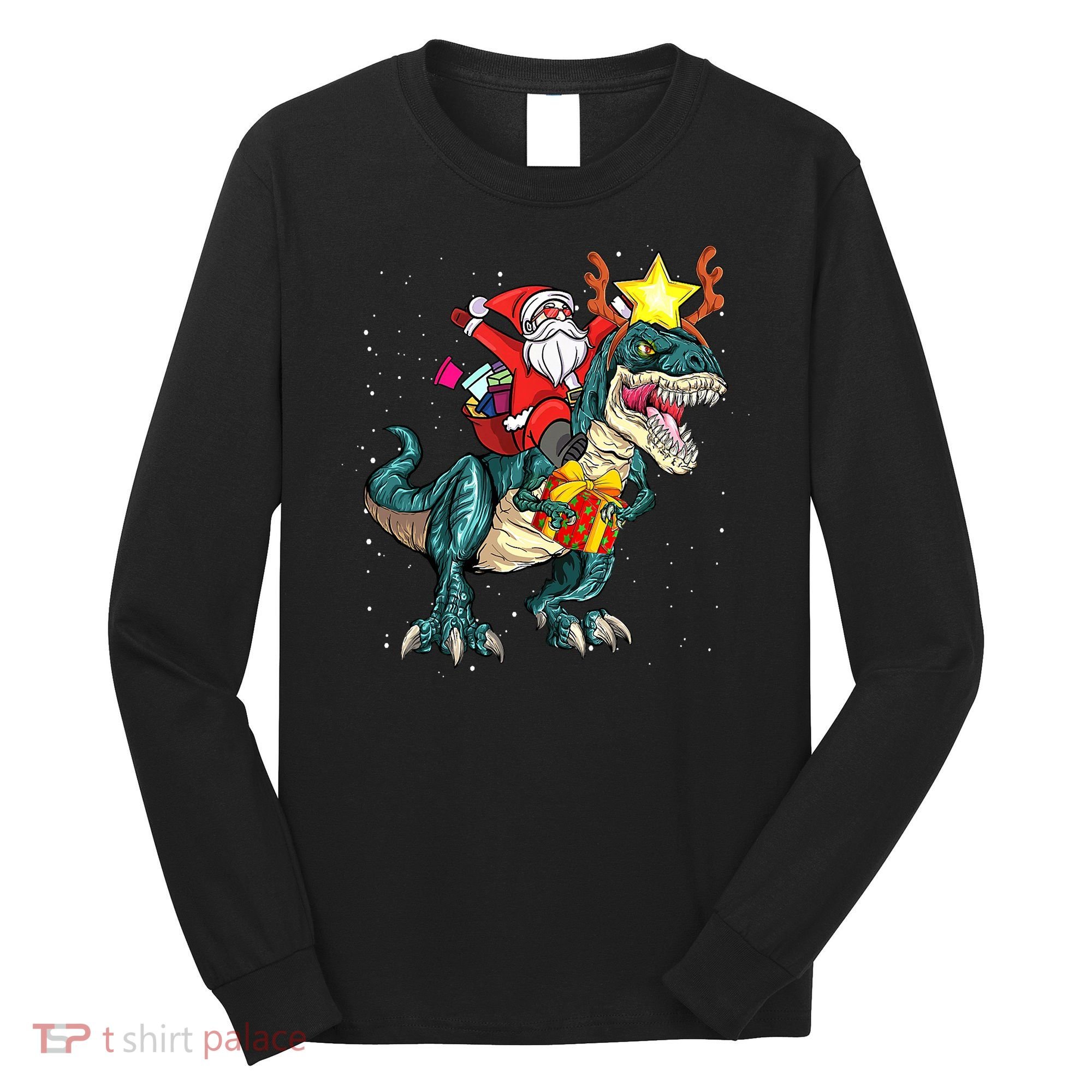 Santa Claus Riding Dinosaur T Rex Christmas Ugly Xmas Boys Long Sleeve Shirt