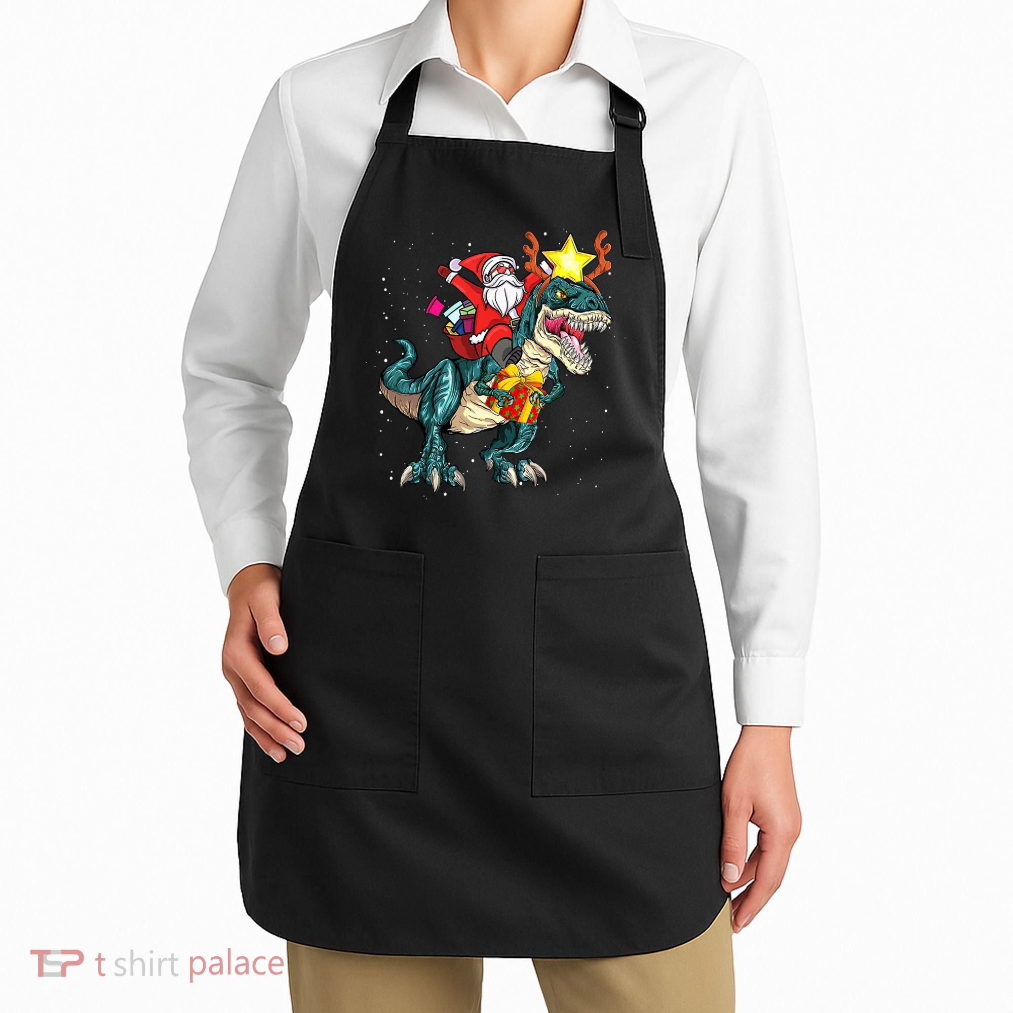 Santa Claus Riding Dinosaur T Rex Christmas Ugly Xmas Boys Apron