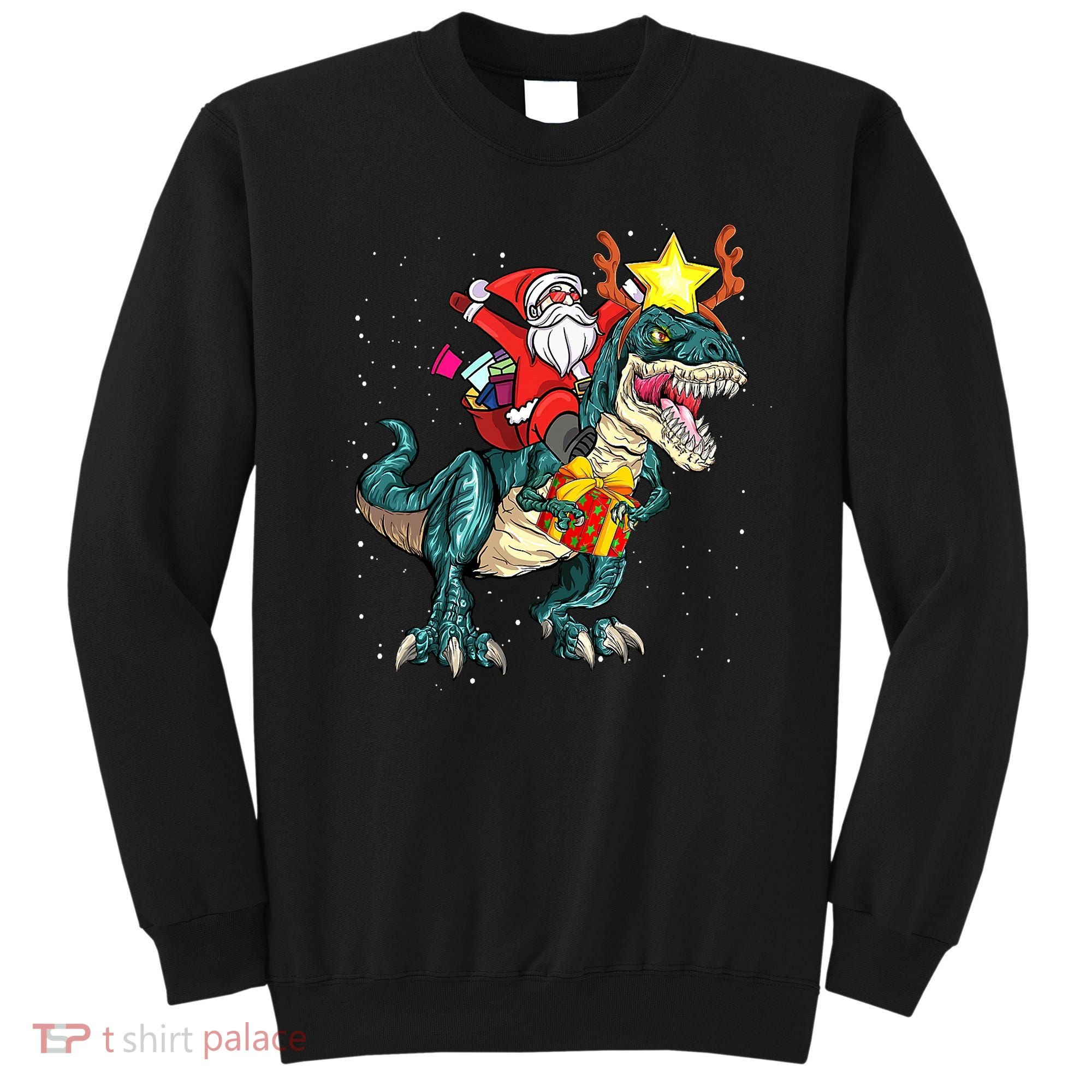 Santa Claus Riding Dinosaur T Rex Christmas Ugly Xmas Boys Sweatshirt