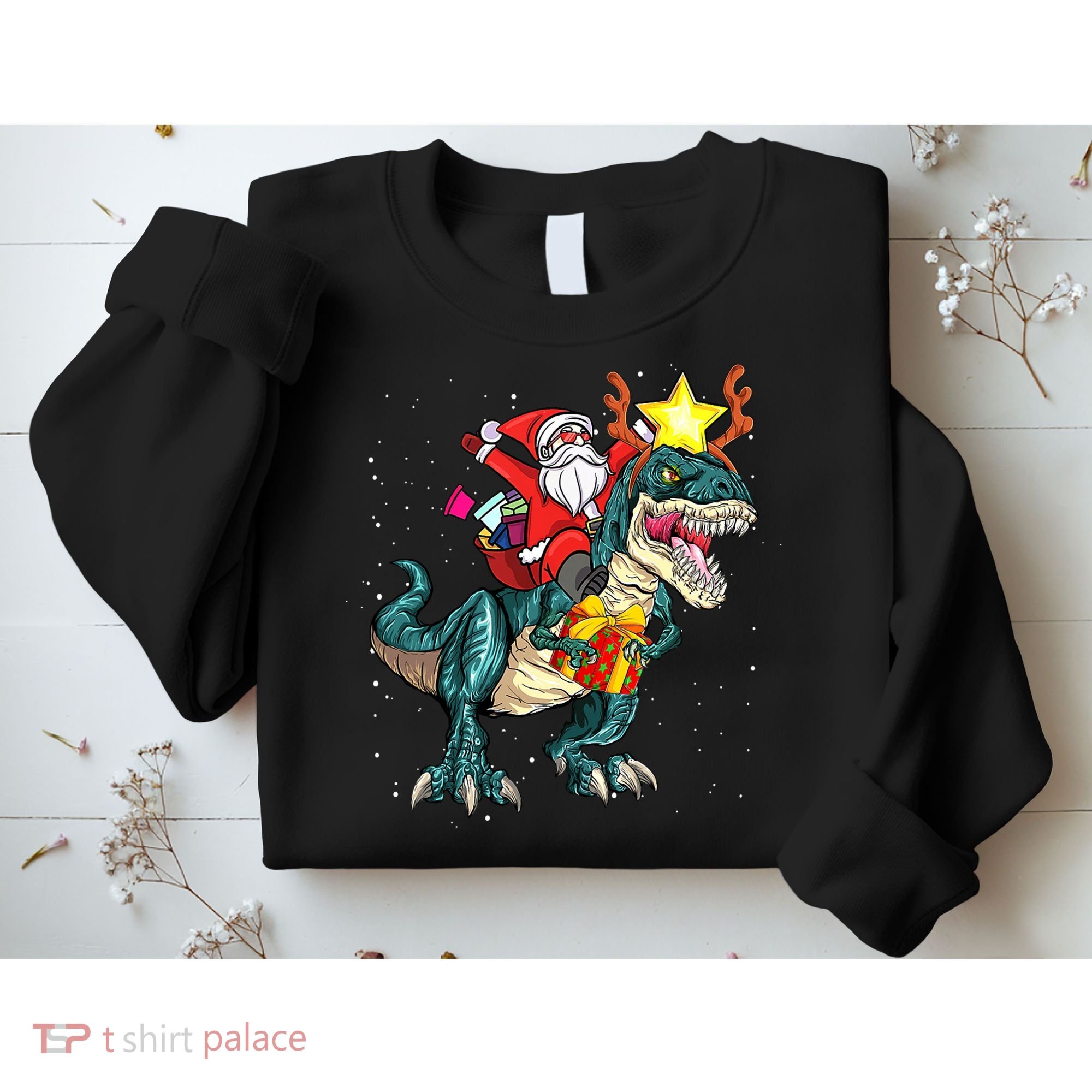 Santa Claus Riding Dinosaur T Rex Christmas Ugly Xmas Boys Sweatshirt