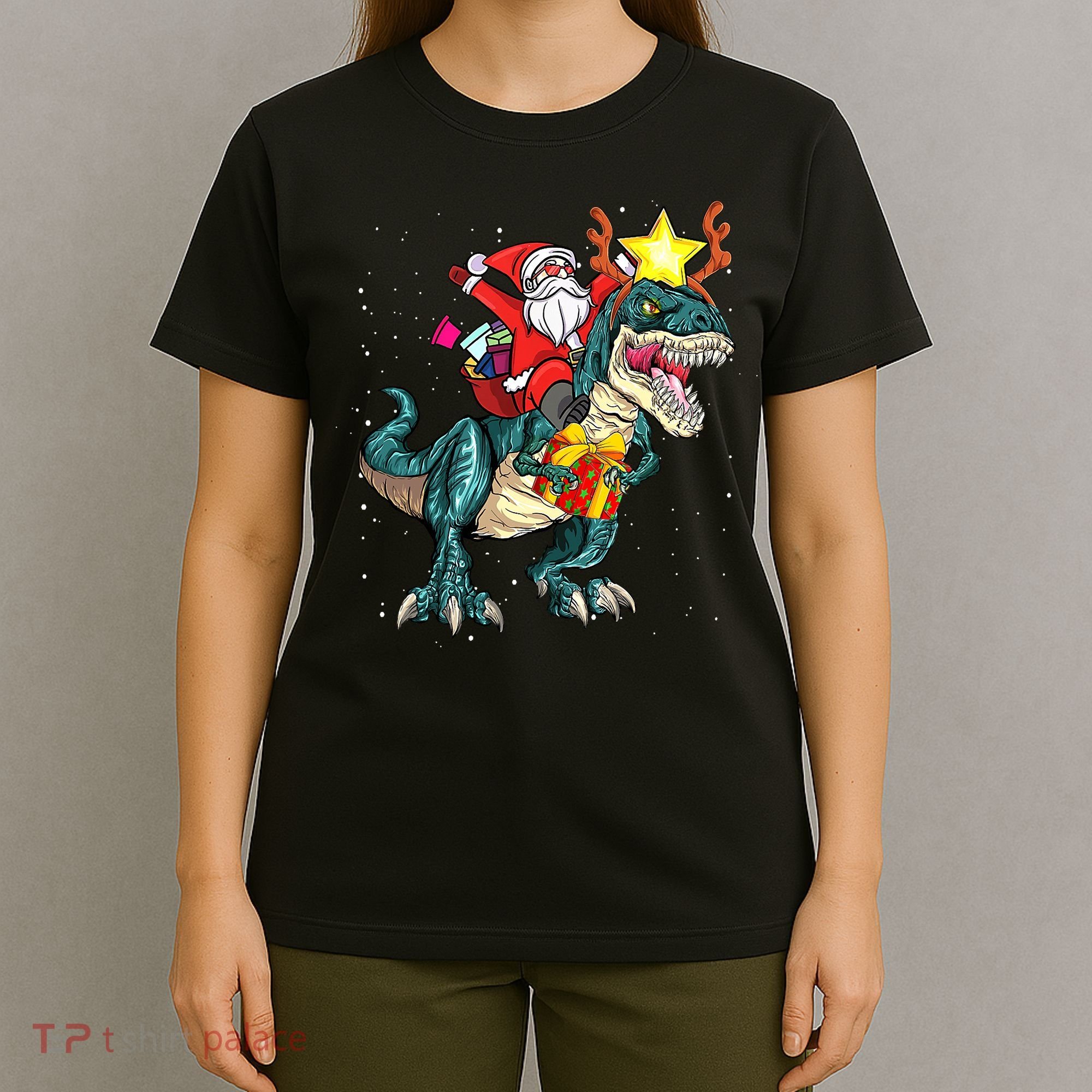 Santa Claus Riding Dinosaur T Rex Christmas Ugly Xmas Boys T-Shirt