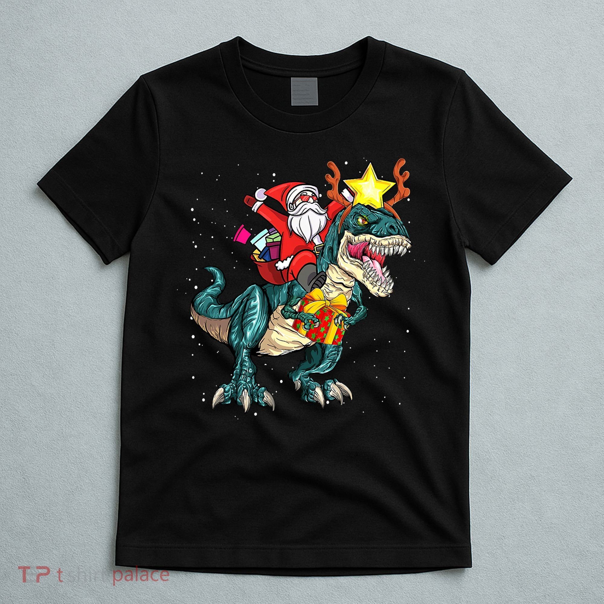 Santa Claus Riding Dinosaur T Rex Christmas Ugly Xmas Boys T-Shirt