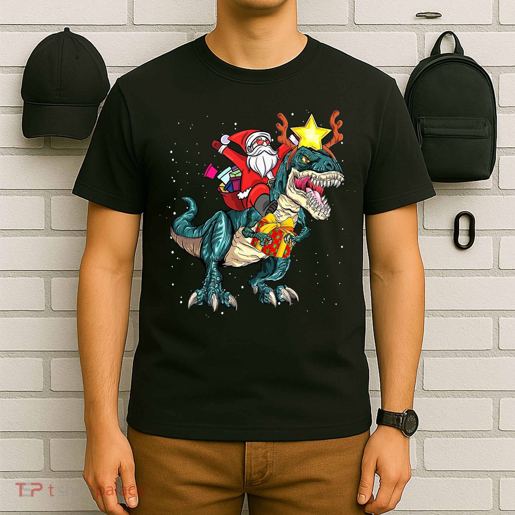 Santa Claus Riding Dinosaur T Rex Christmas Ugly Xmas Boys T-Shirt