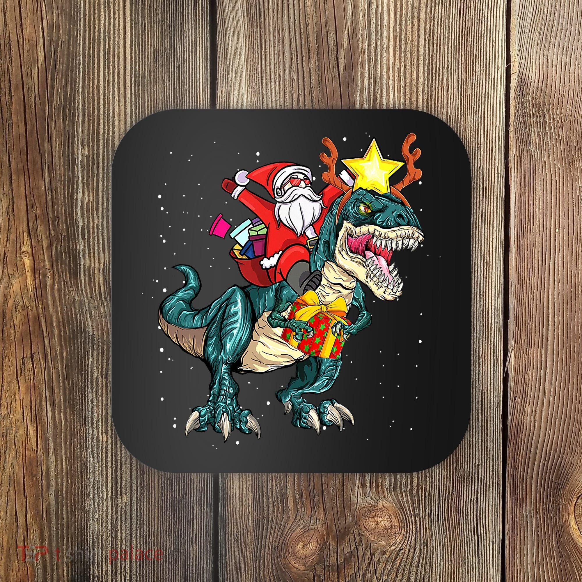 Santa Claus Riding Dinosaur T Rex Christmas Ugly Xmas Boys Coaster