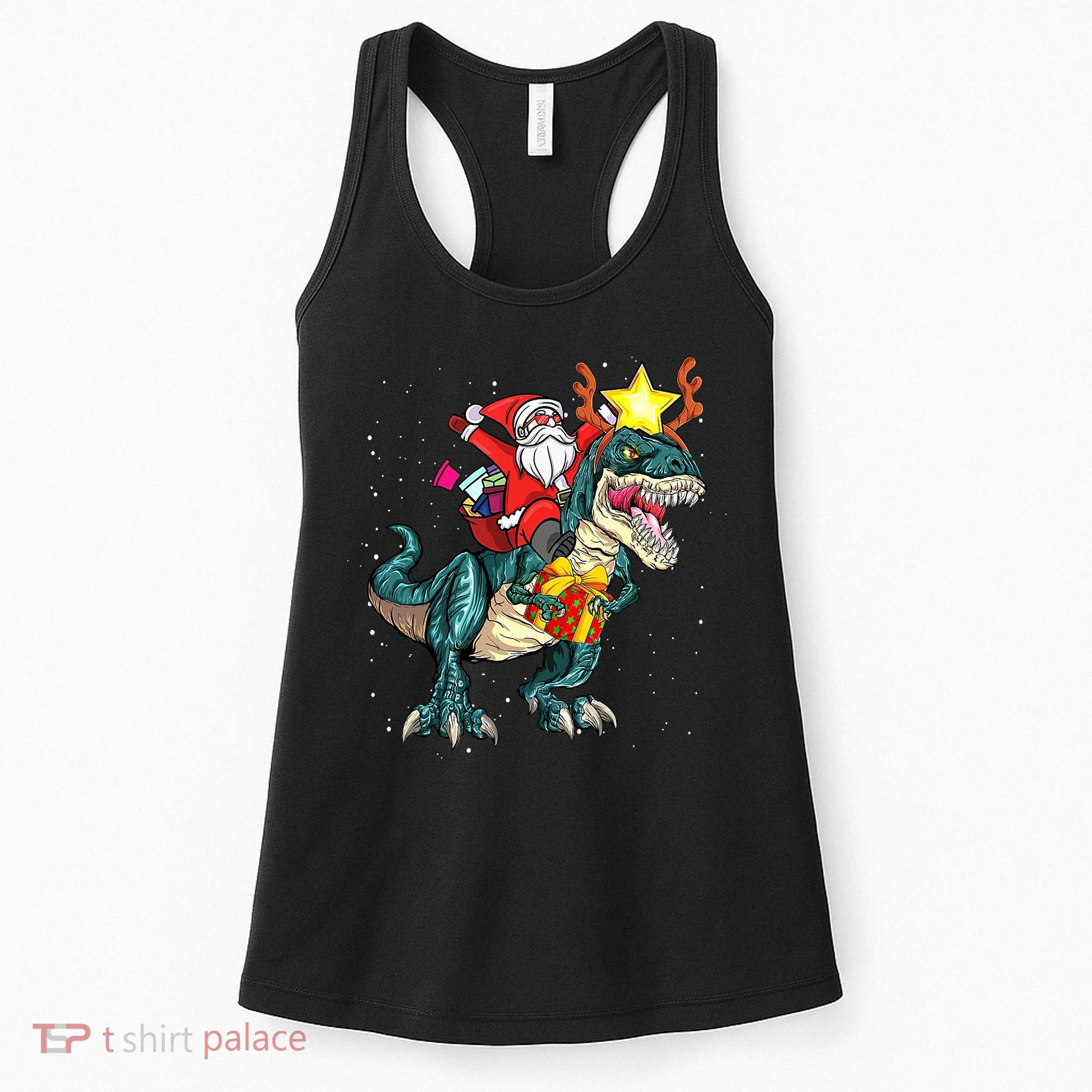 Santa Claus Riding Dinosaur T Rex Christmas Ugly Xmas Boys Women's Tank Top