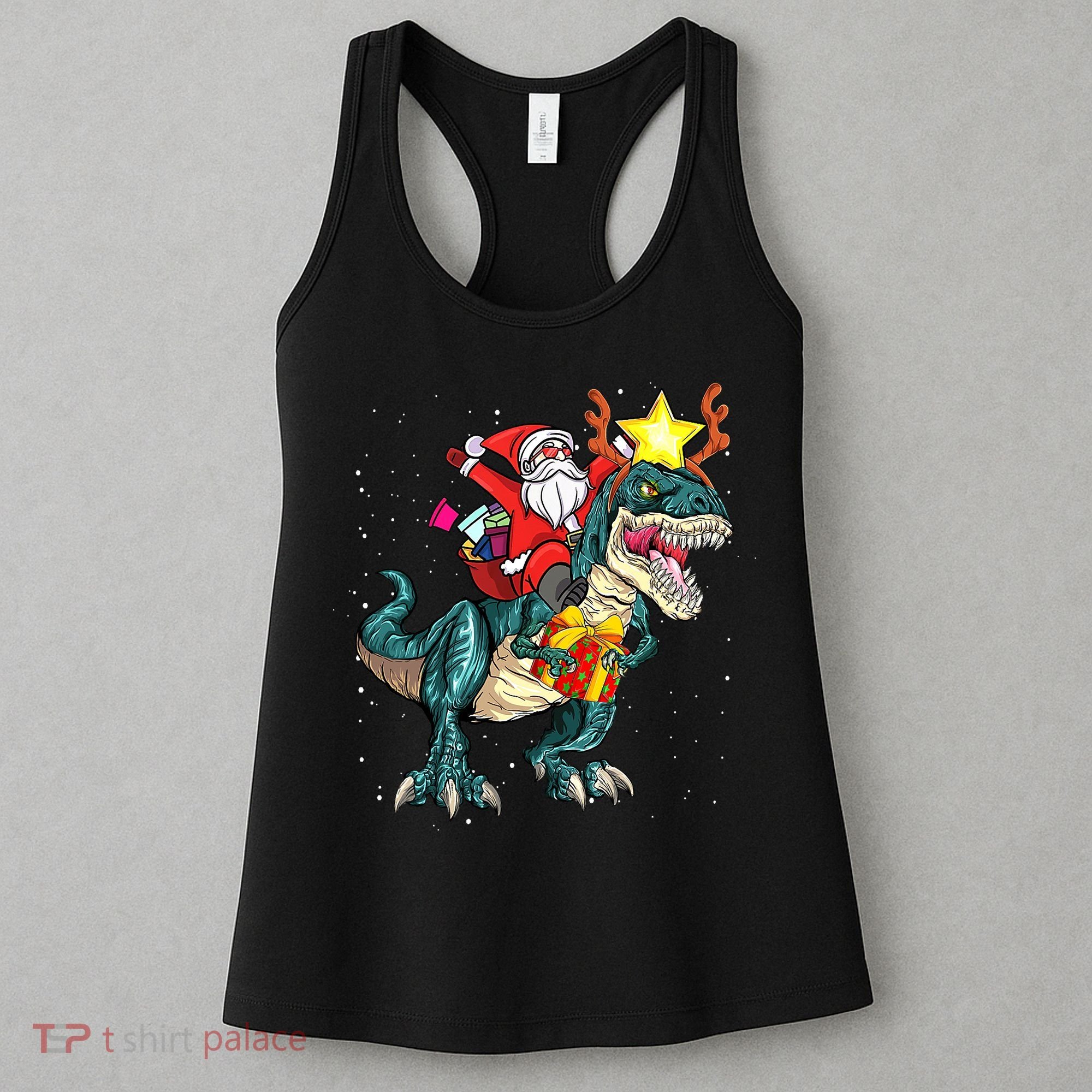 Santa Claus Riding Dinosaur T Rex Christmas Ugly Xmas Boys Women's Tank Top