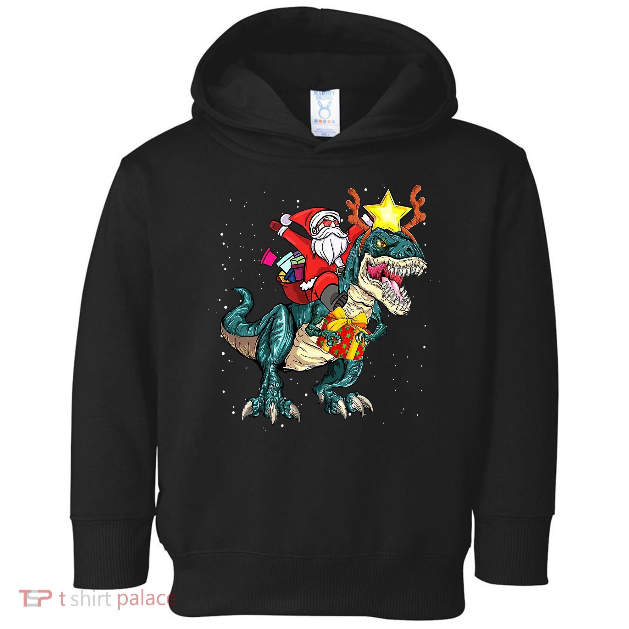 Santa Claus Riding Dinosaur T Rex Christmas Ugly Xmas Boys Toddler Hoodie