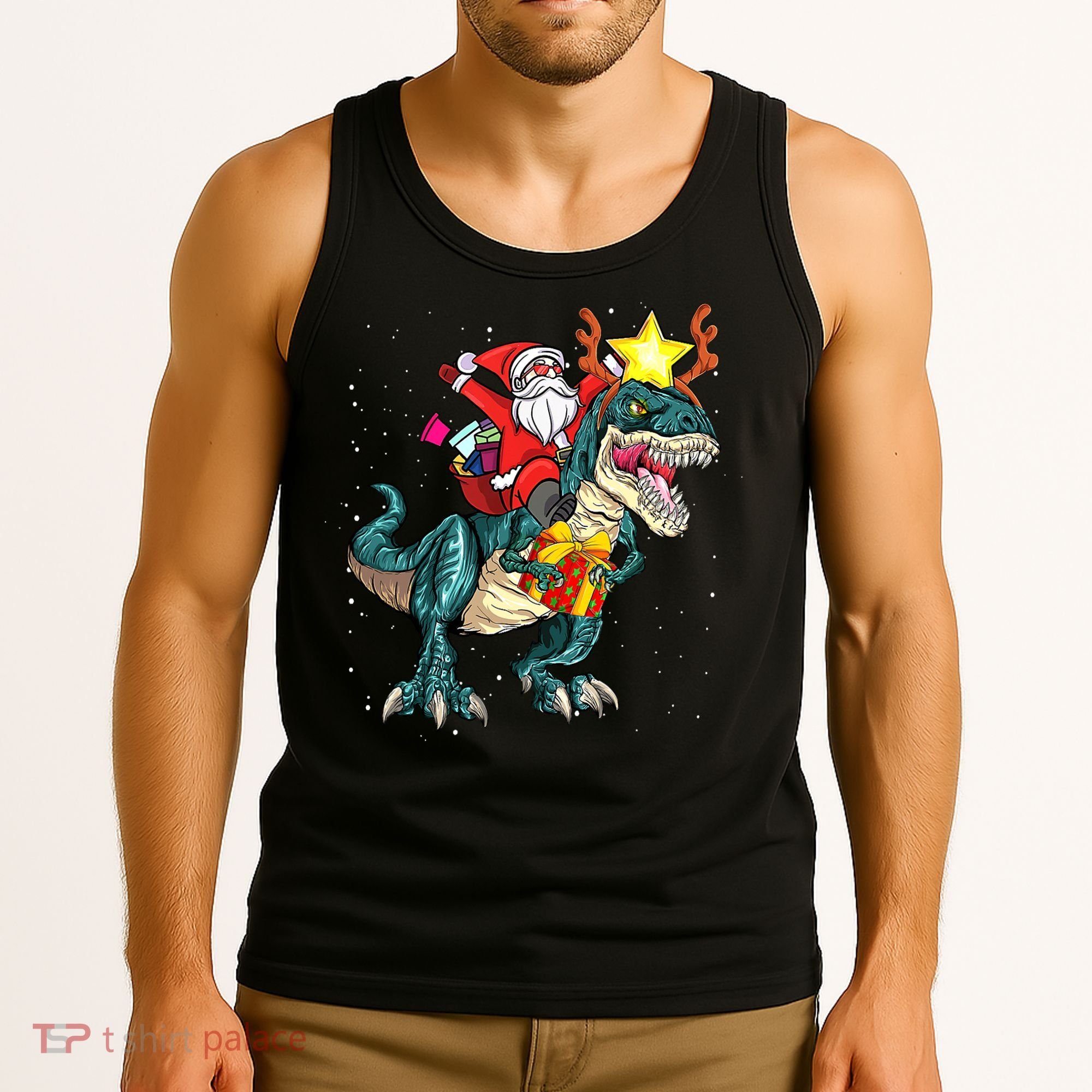 Santa Claus Riding Dinosaur T Rex Christmas Ugly Xmas Boys Tank Top