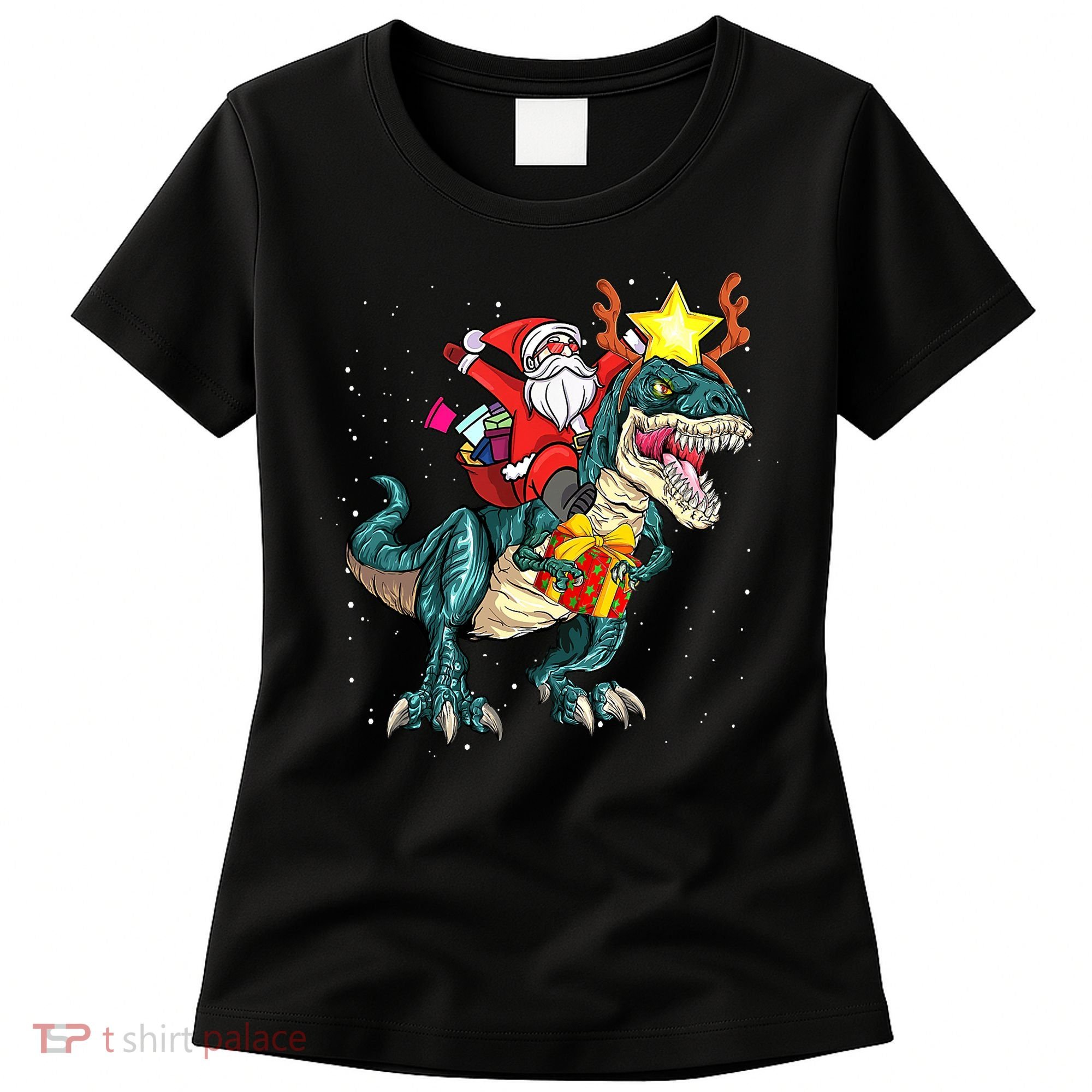 Santa Claus Riding Dinosaur T Rex Christmas Ugly Xmas Boys Women's T-Shirt
