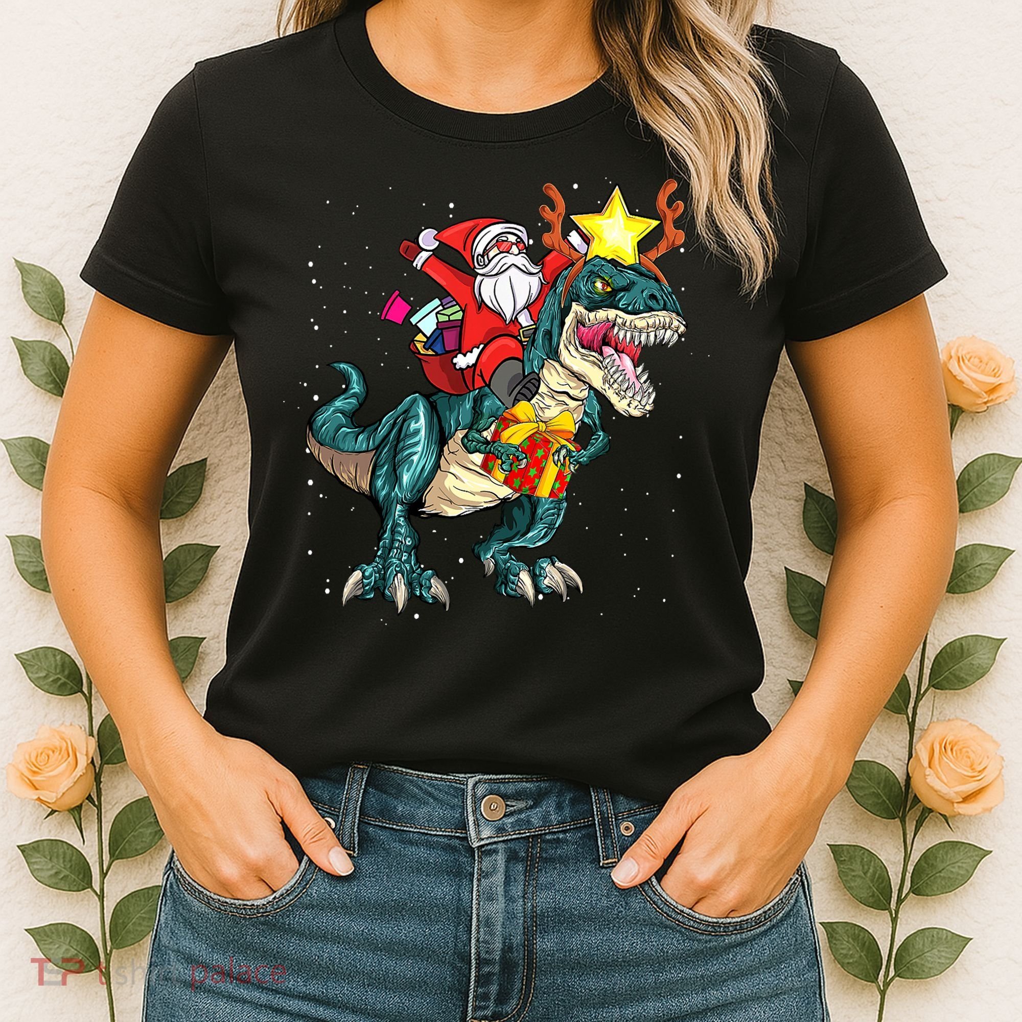 Santa Claus Riding Dinosaur T Rex Christmas Ugly Xmas Boys Women's T-Shirt