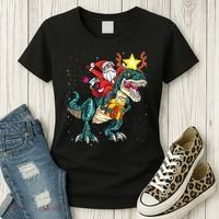 Santa Claus Riding Dinosaur T Rex Christmas Ugly Xmas Boys Women's T-Shirt thumb 3