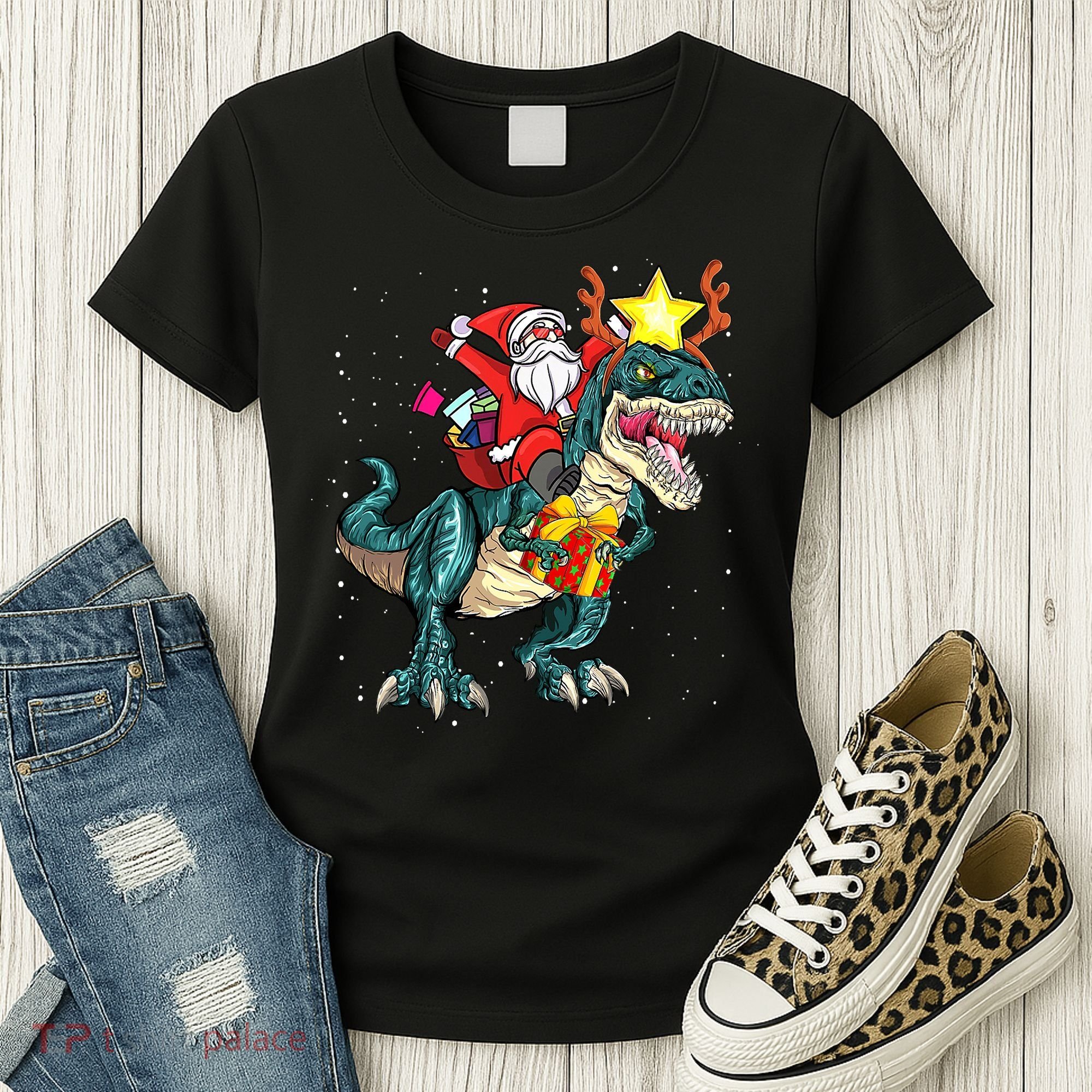Santa Claus Riding Dinosaur T Rex Christmas Ugly Xmas Boys Women's T-Shirt