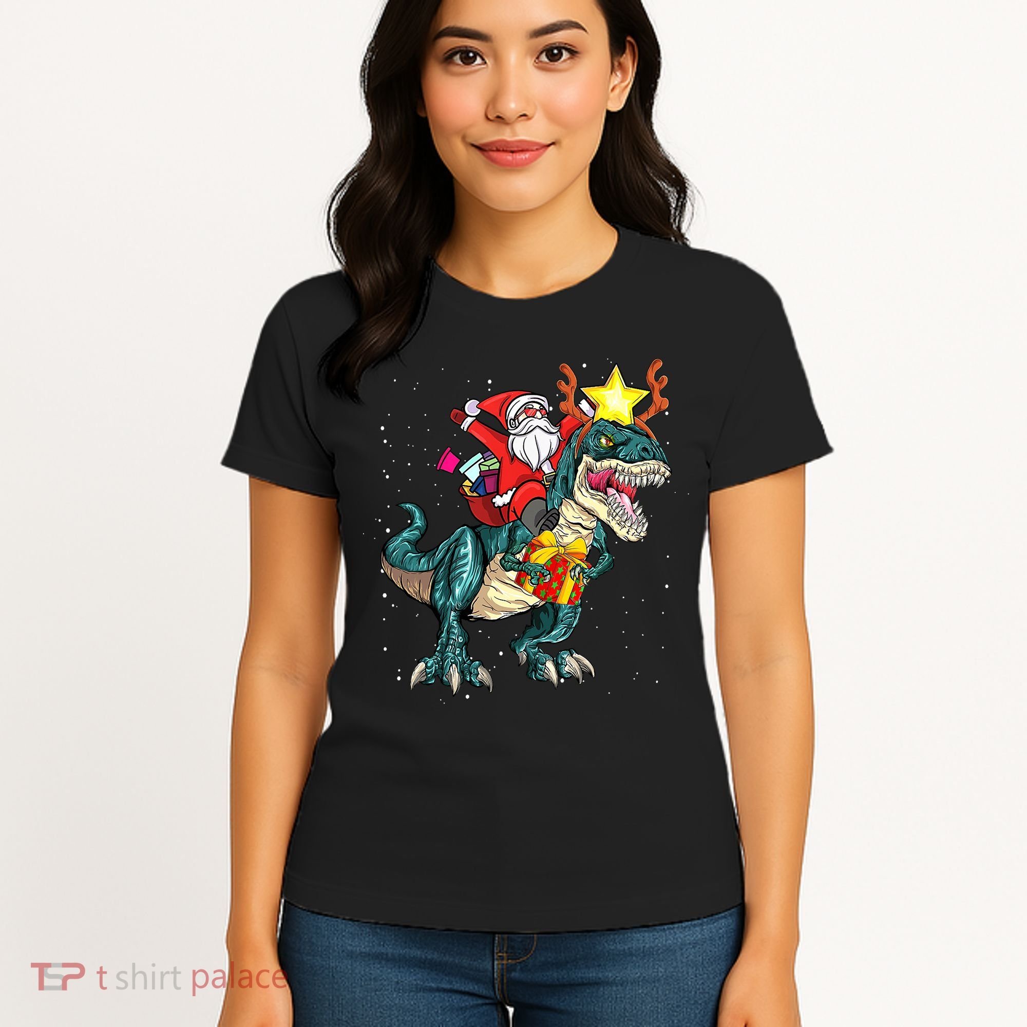 Santa Claus Riding Dinosaur T Rex Christmas Ugly Xmas Boys Women's T-Shirt