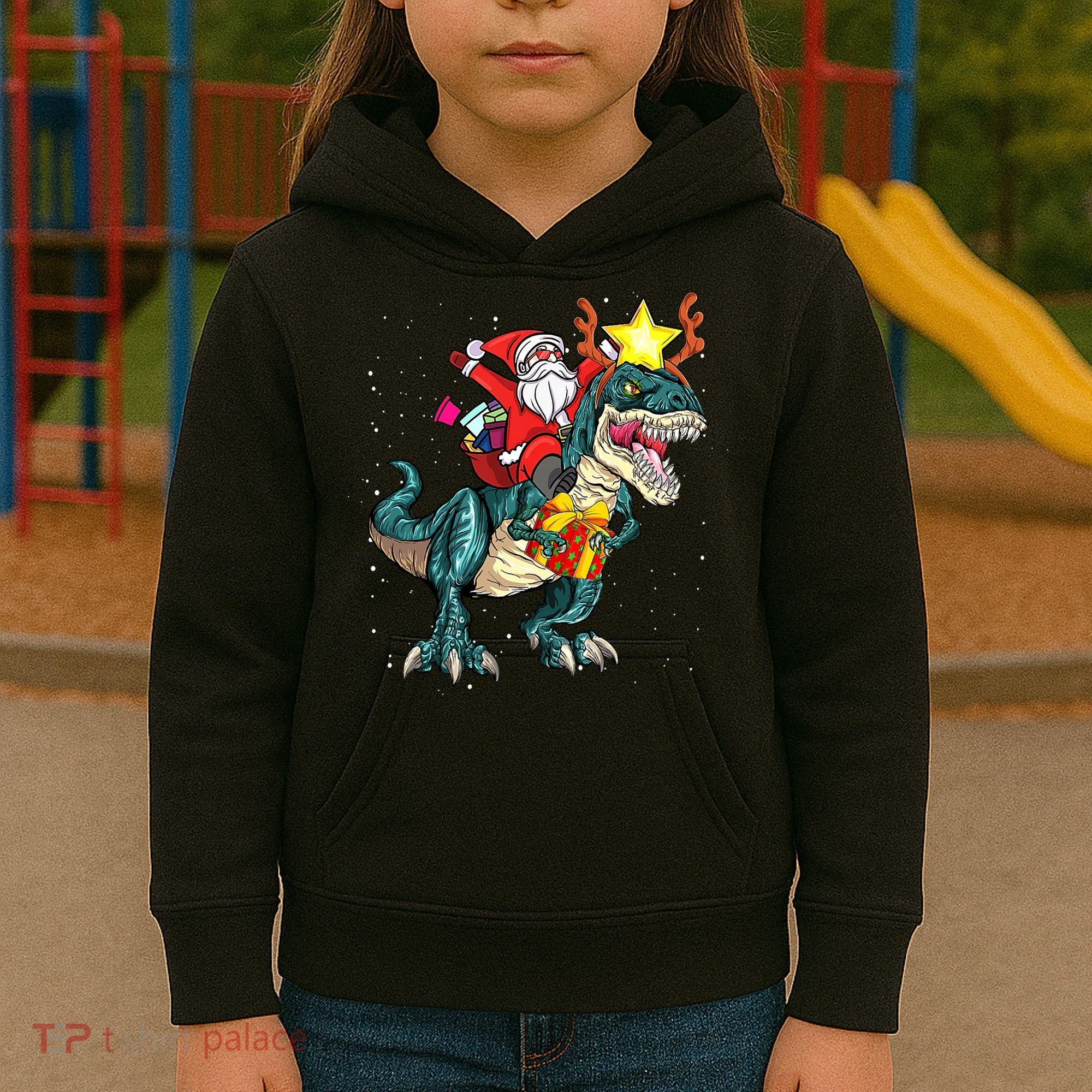 Santa Claus Riding Dinosaur T Rex Christmas Ugly Xmas Boys Kids Hoodie
