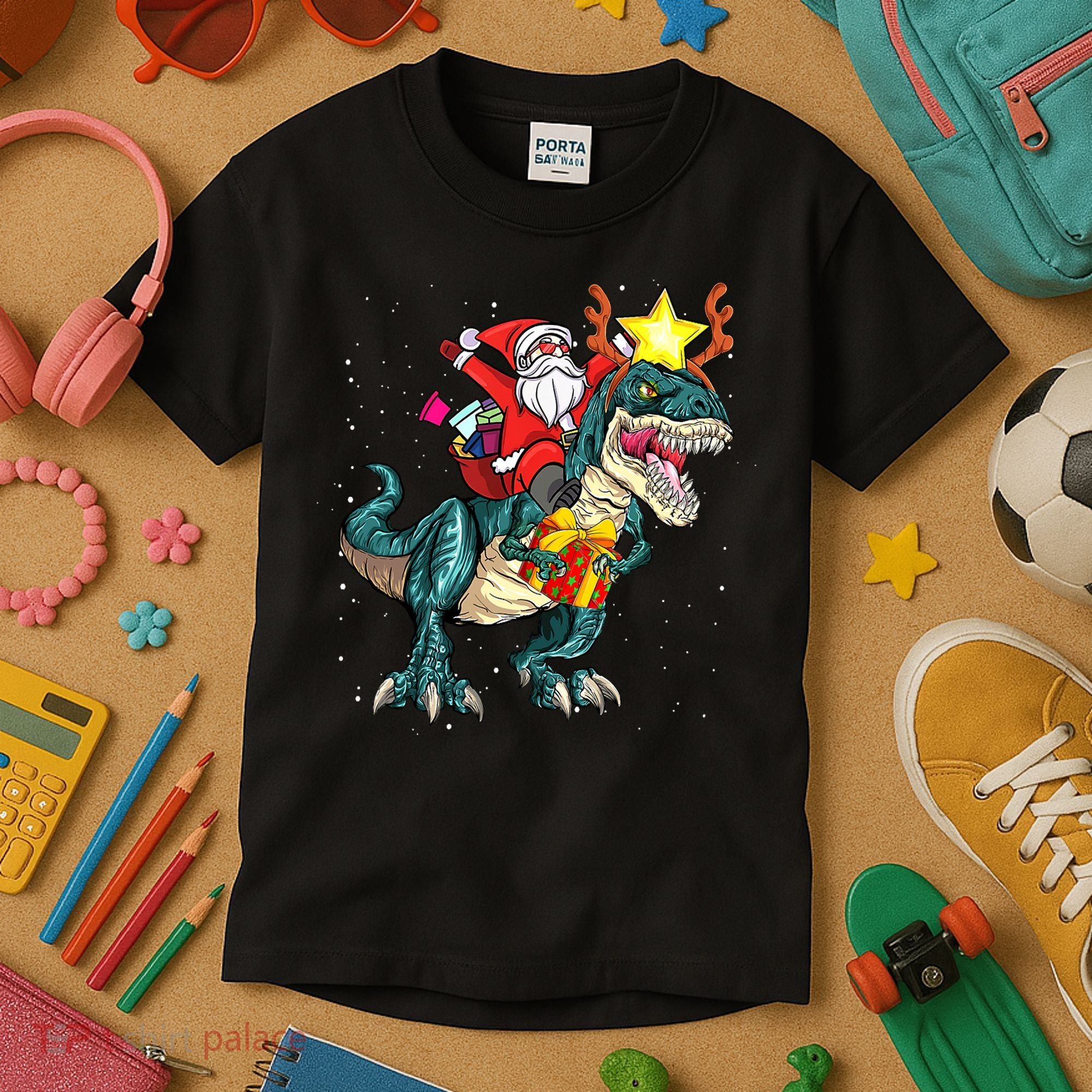 Santa Claus Riding Dinosaur T Rex Christmas Ugly Xmas Boys Kids T-Shirt