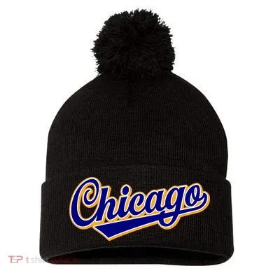 Script Chicago Logo Pom Pom 12in Knit Beanie