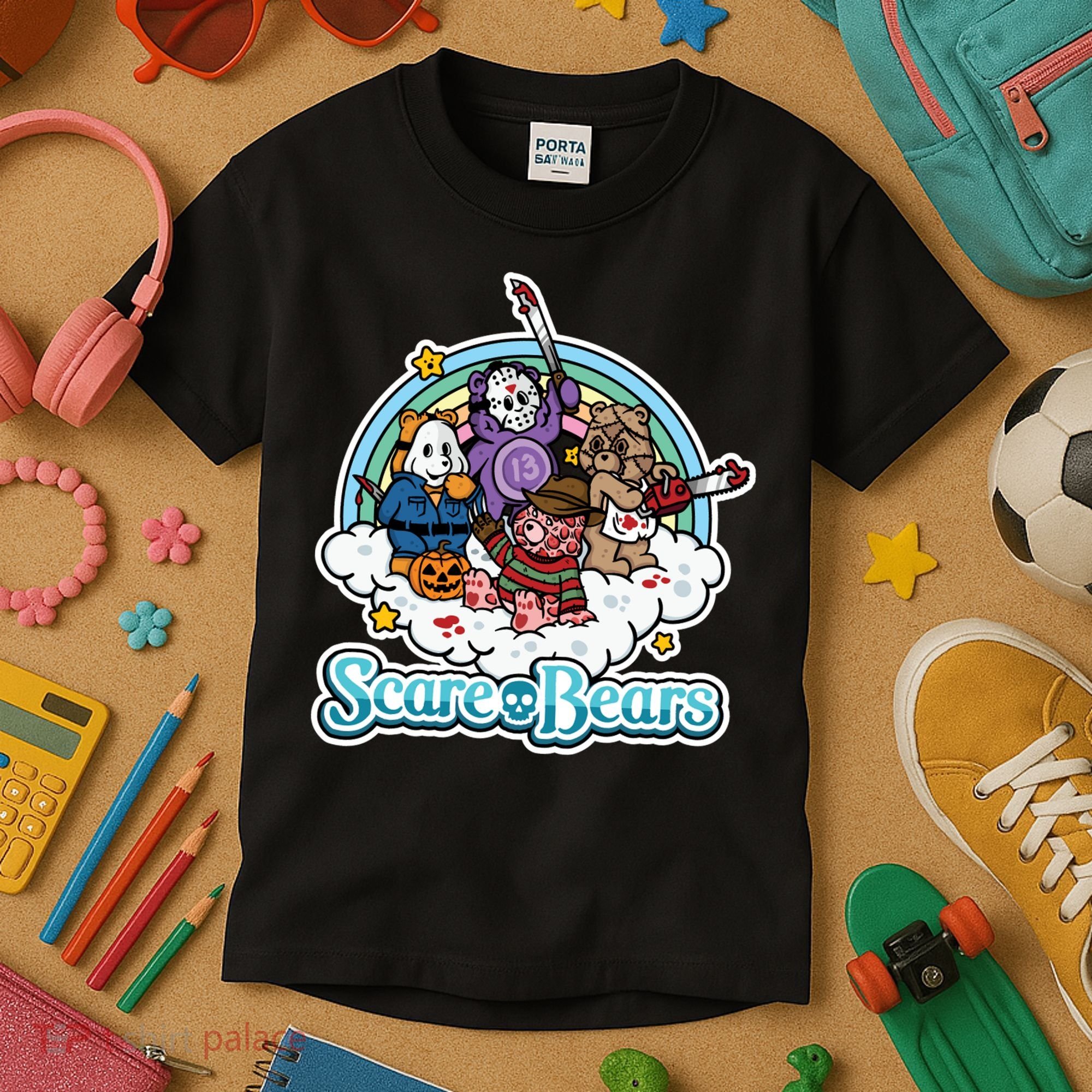 Scary Care Scare Bears Funny Halloween Horror Faces Custom Kids T-Shirt