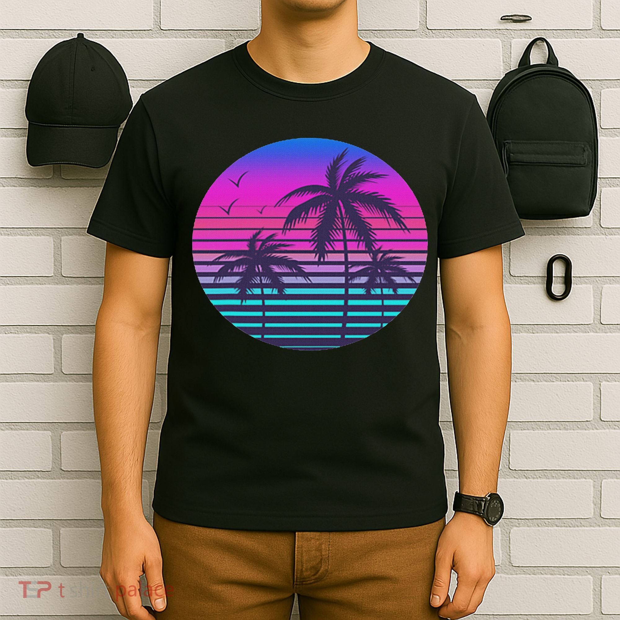Sunset Cool Summer Vacation Women Beach Palm Tree T-Shirt