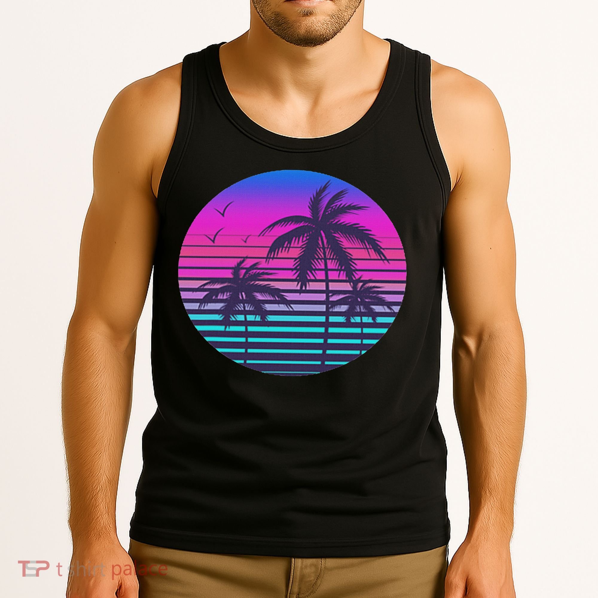 Sunset Cool Summer Vacation Women Beach Palm Tree Tank Top