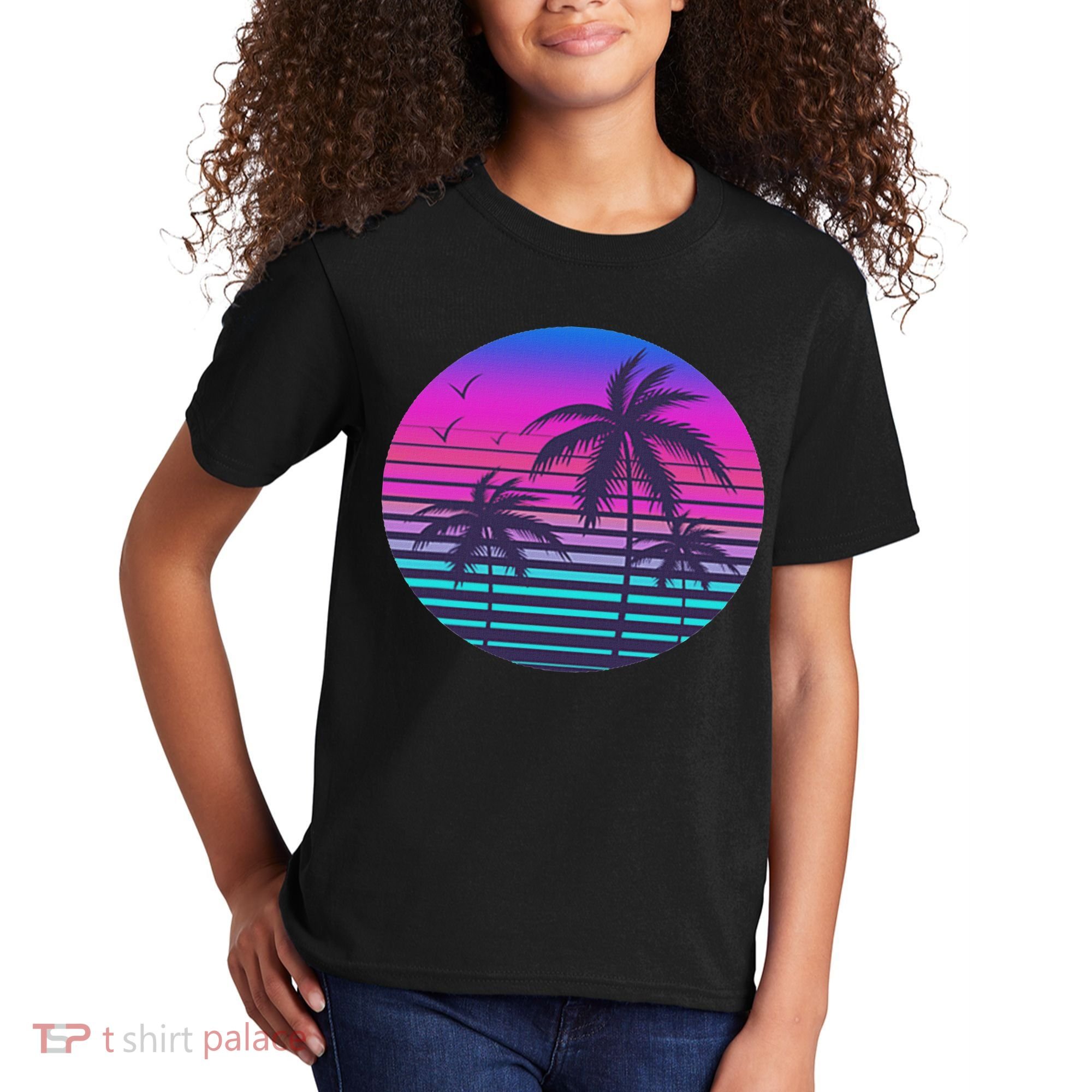 Sunset Cool Summer Vacation Women Beach Palm Tree Kids T-Shirt