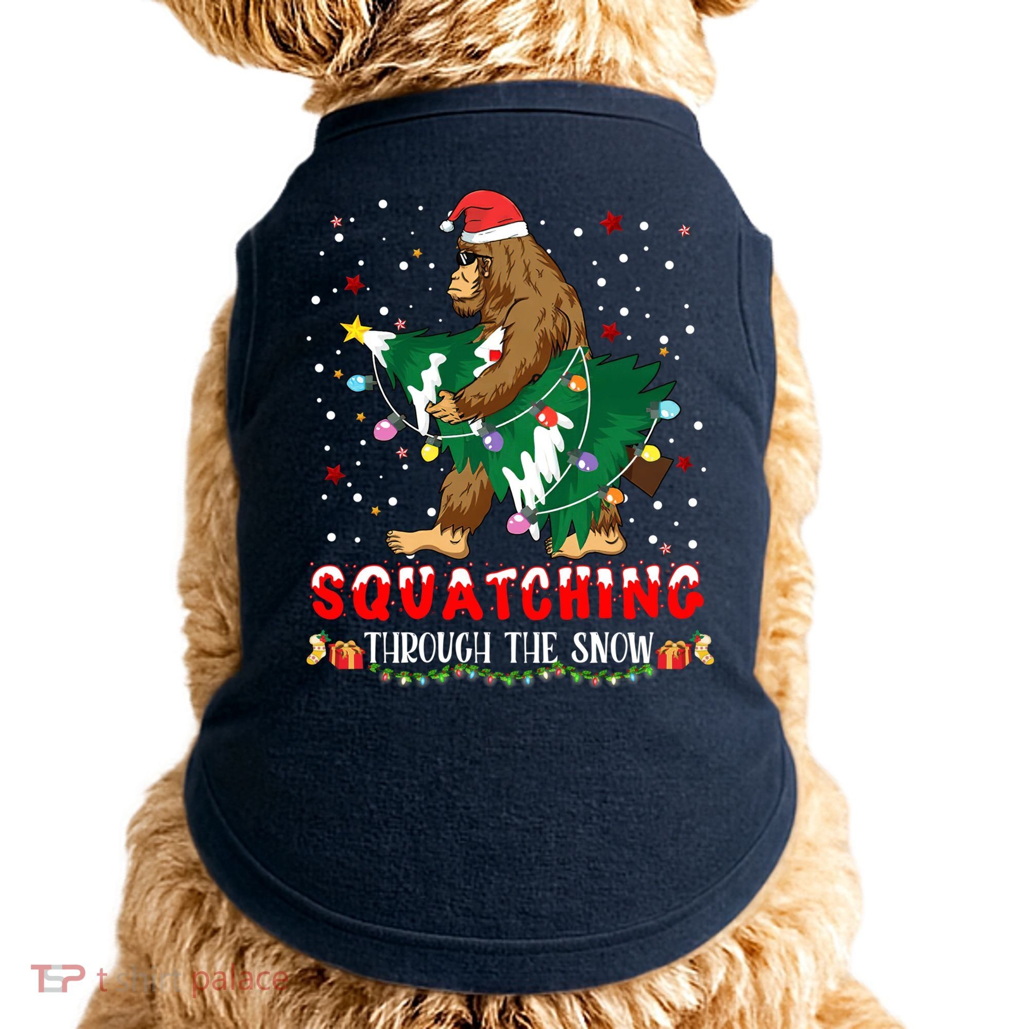 Sasquatch Christmas Squatching Bigfoot Santa Xmas Tree Light Doggie Tank