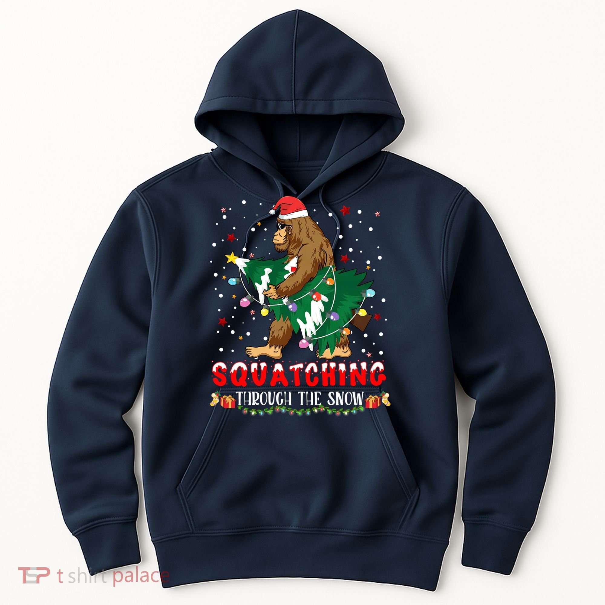 Sasquatch Christmas Squatching Bigfoot Santa Xmas Tree Light Hoodie