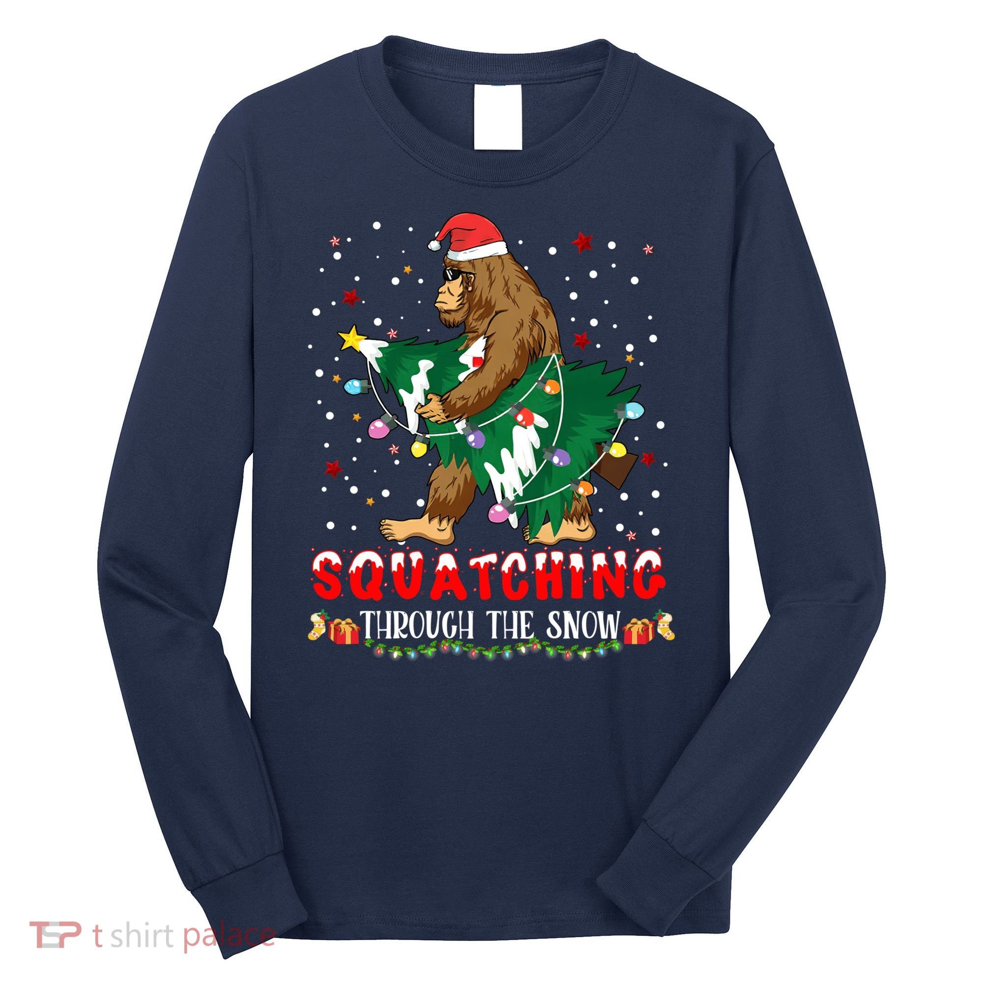 Sasquatch Christmas Squatching Bigfoot Santa Xmas Tree Light Long Sleeve Shirt
