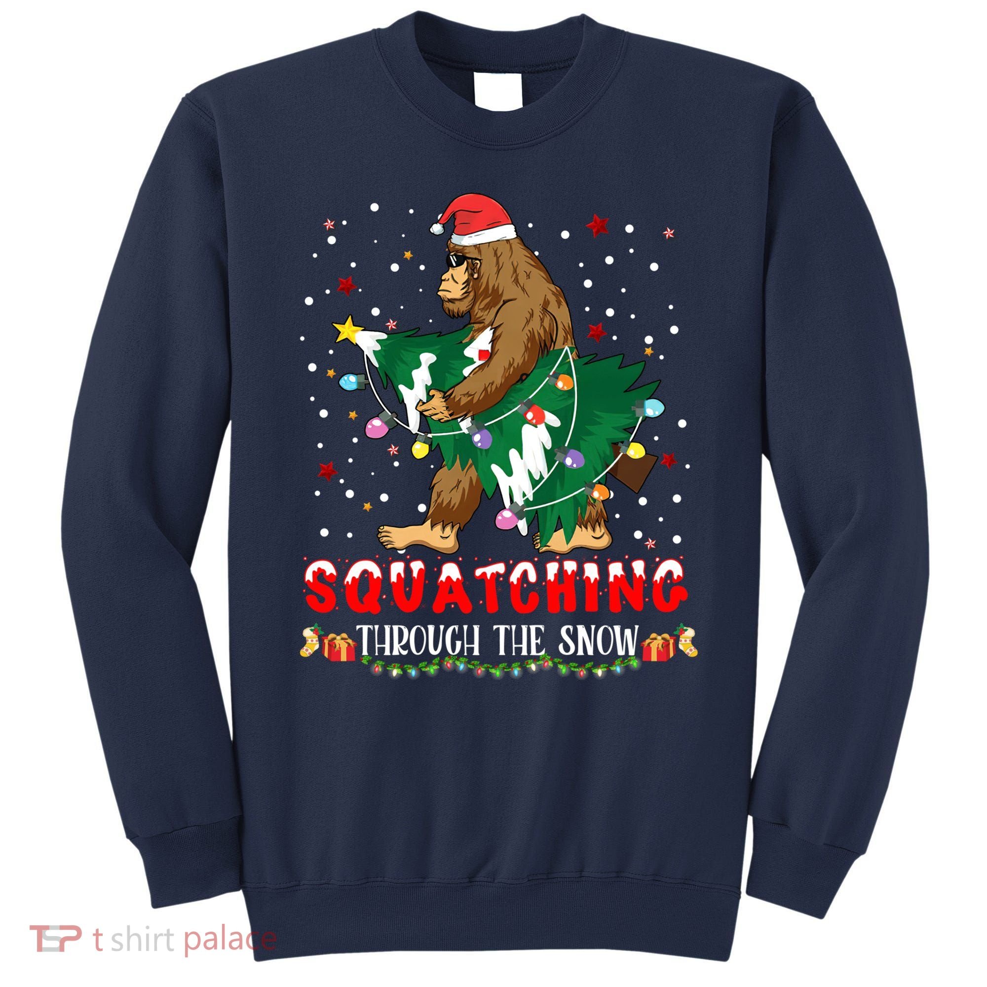 Sasquatch Christmas Squatching Bigfoot Santa Xmas Tree Light Sweatshirt