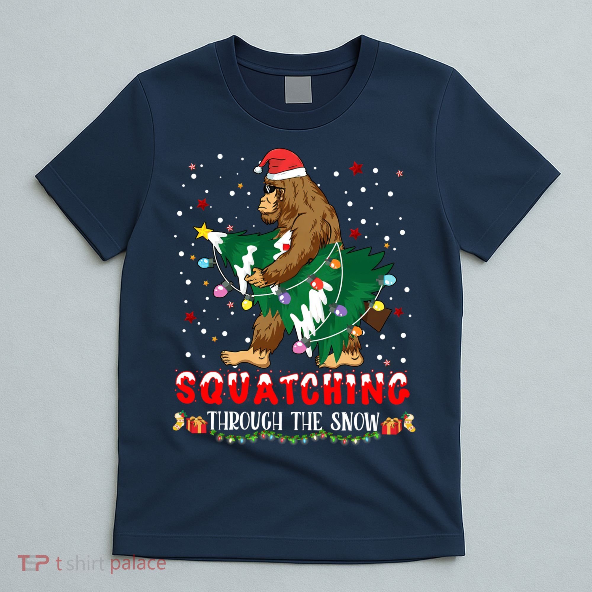Sasquatch Christmas Squatching Bigfoot Santa Xmas Tree Light T-Shirt