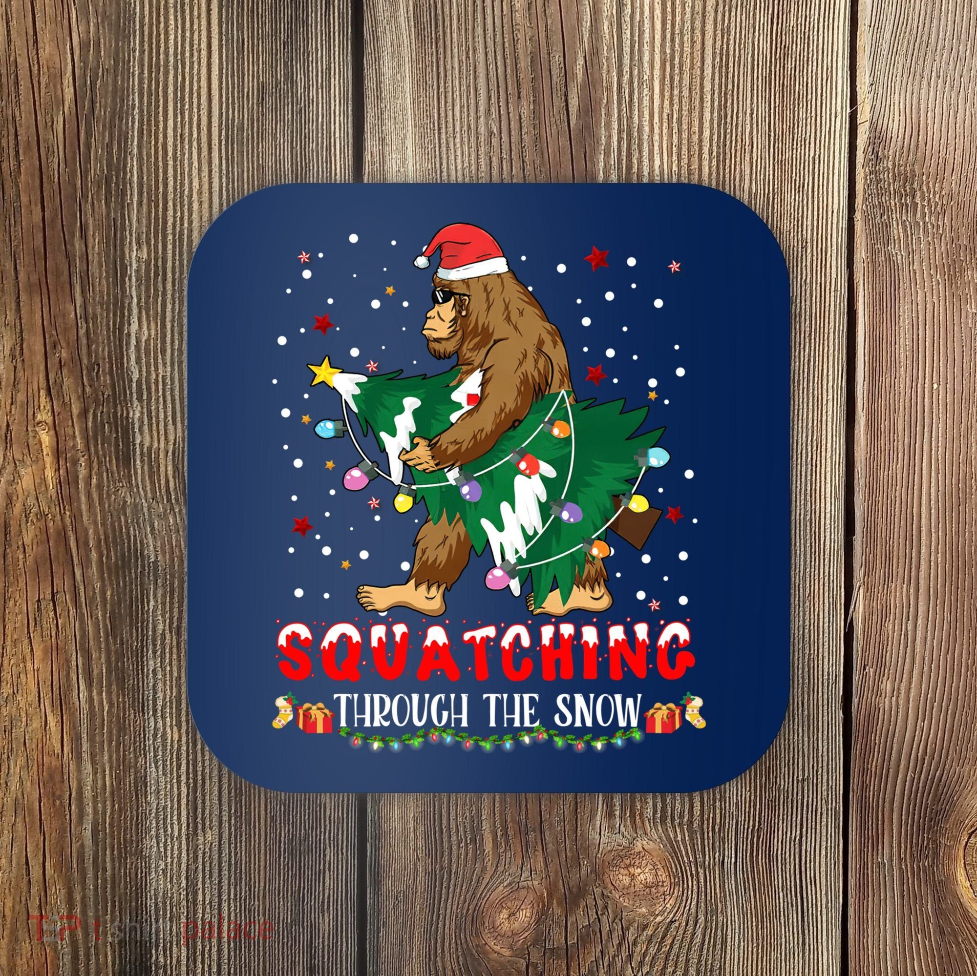 Sasquatch Christmas Squatching Bigfoot Santa Xmas Tree Light Coaster