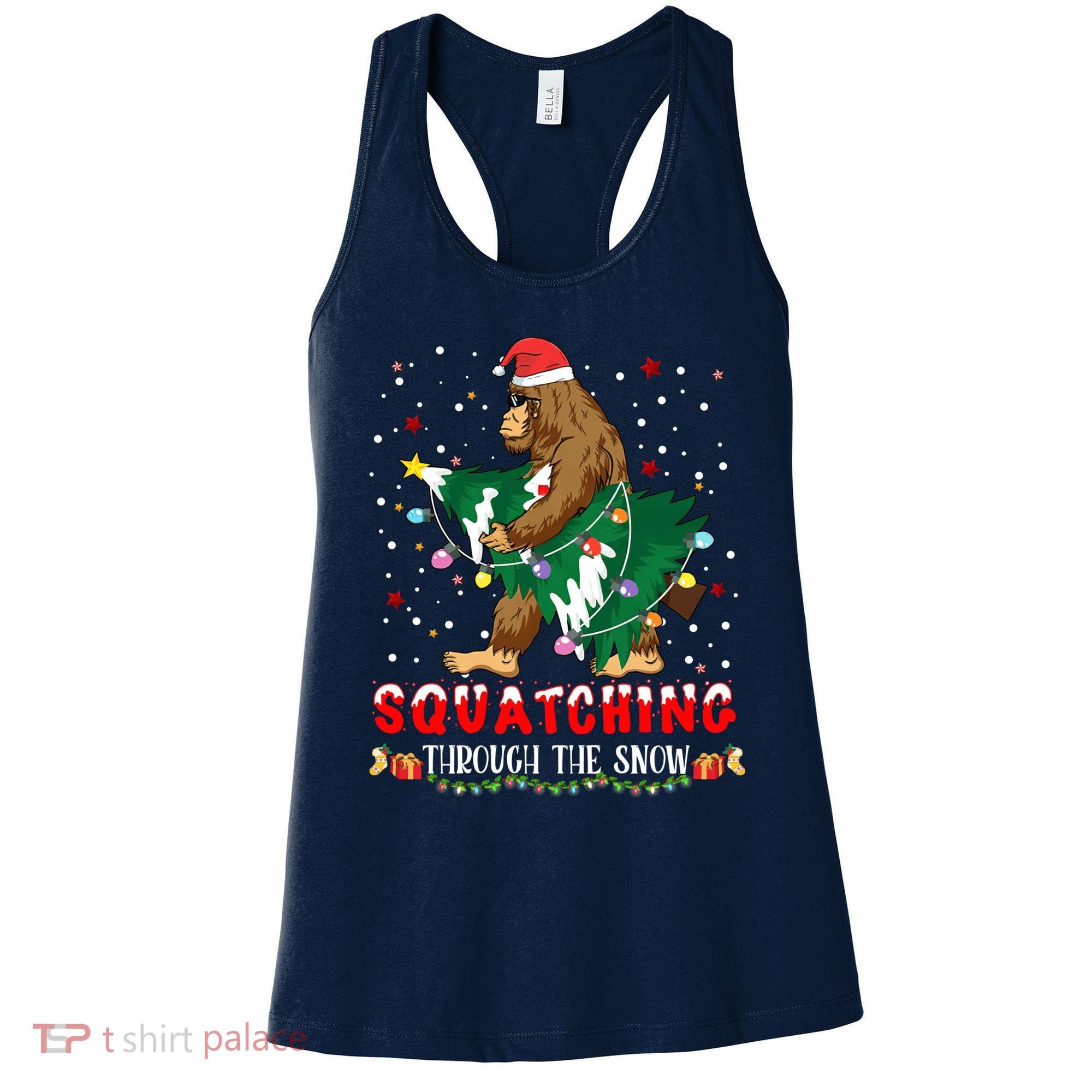 Sasquatch Christmas Squatching Bigfoot Santa Xmas Tree Light Women's Tank Top