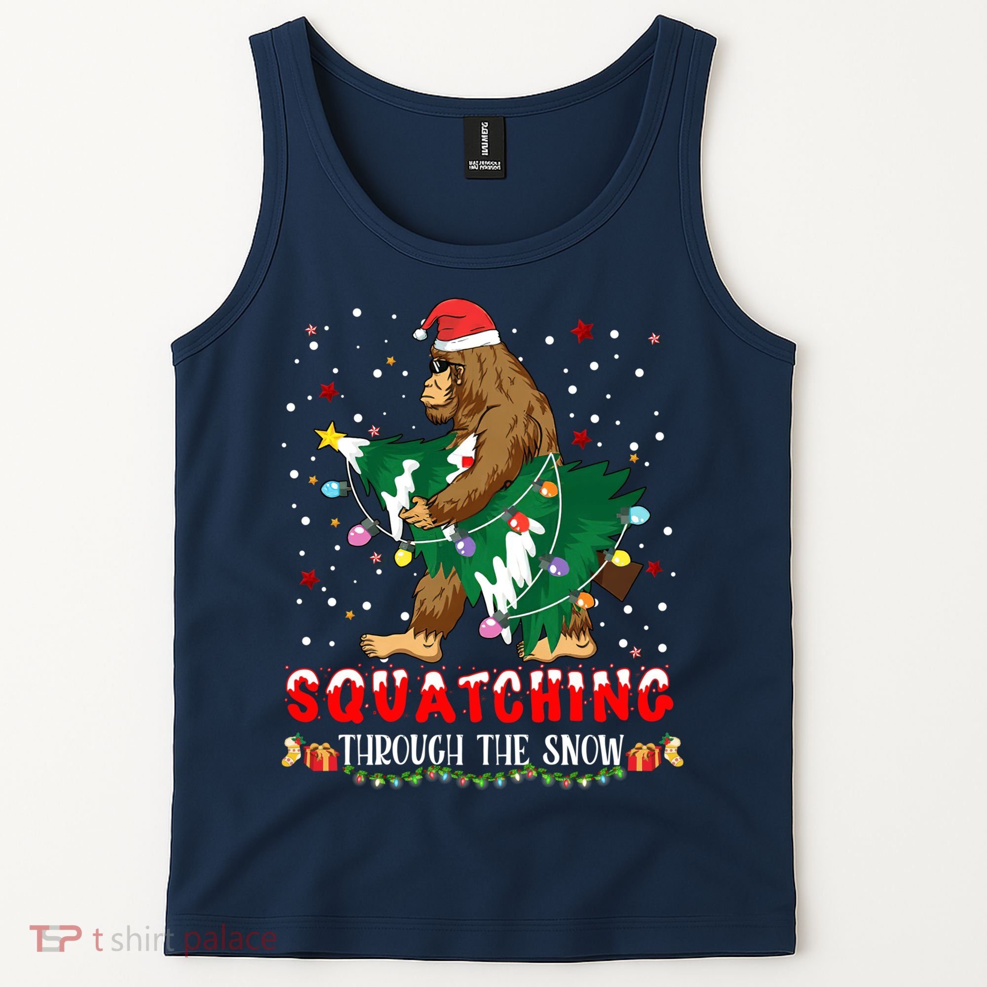 Sasquatch Christmas Squatching Bigfoot Santa Xmas Tree Light Tank Top