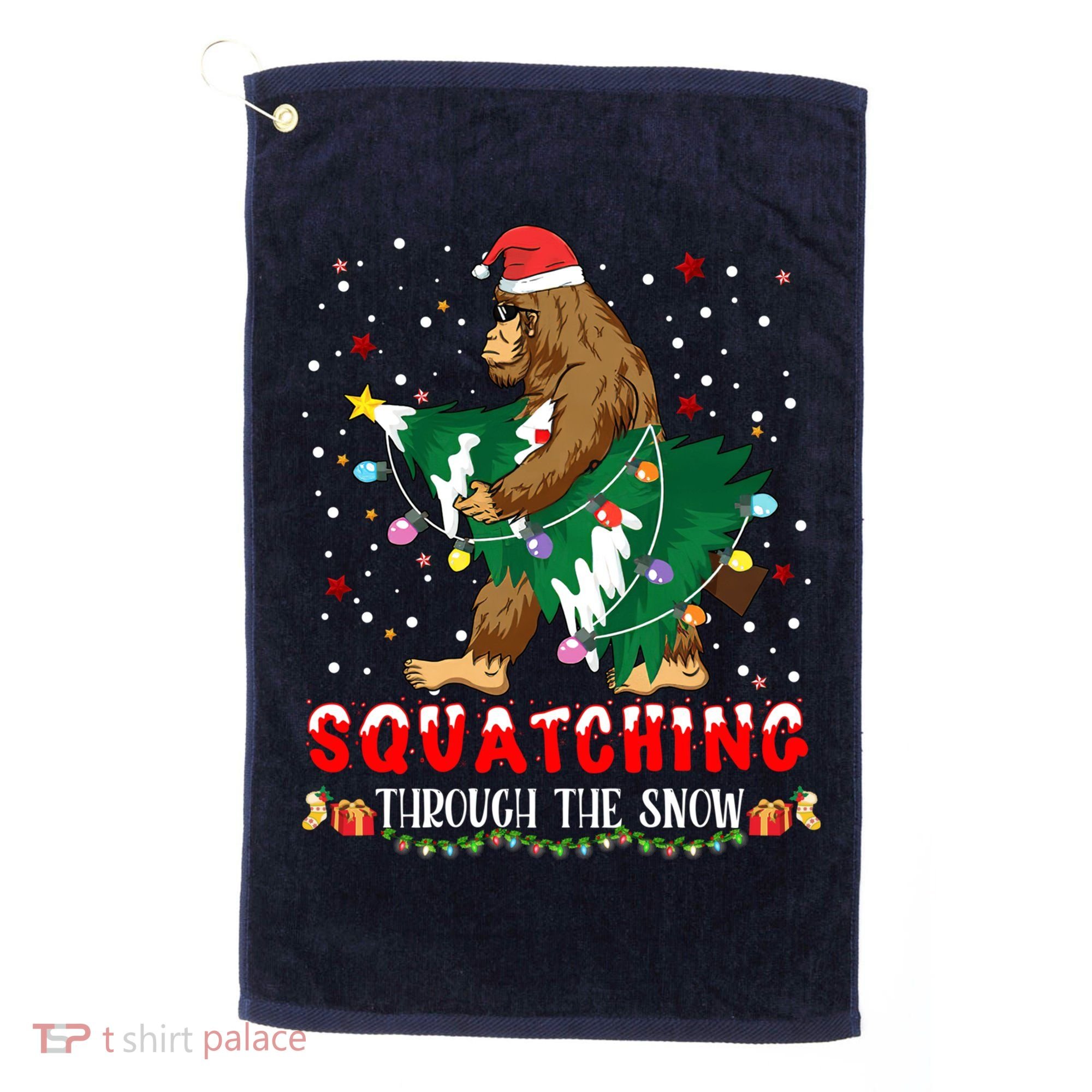 Sasquatch Christmas Squatching Bigfoot Santa Xmas Tree Light Golf Towel