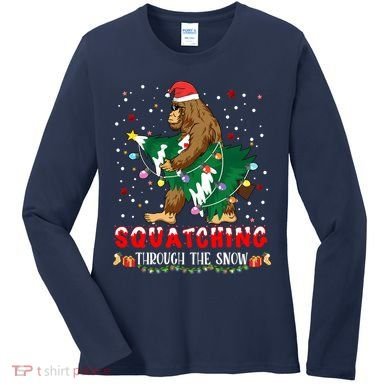 Sasquatch Christmas Squatching Bigfoot Santa Xmas Tree Light Women's Long Sleeve Shirt
