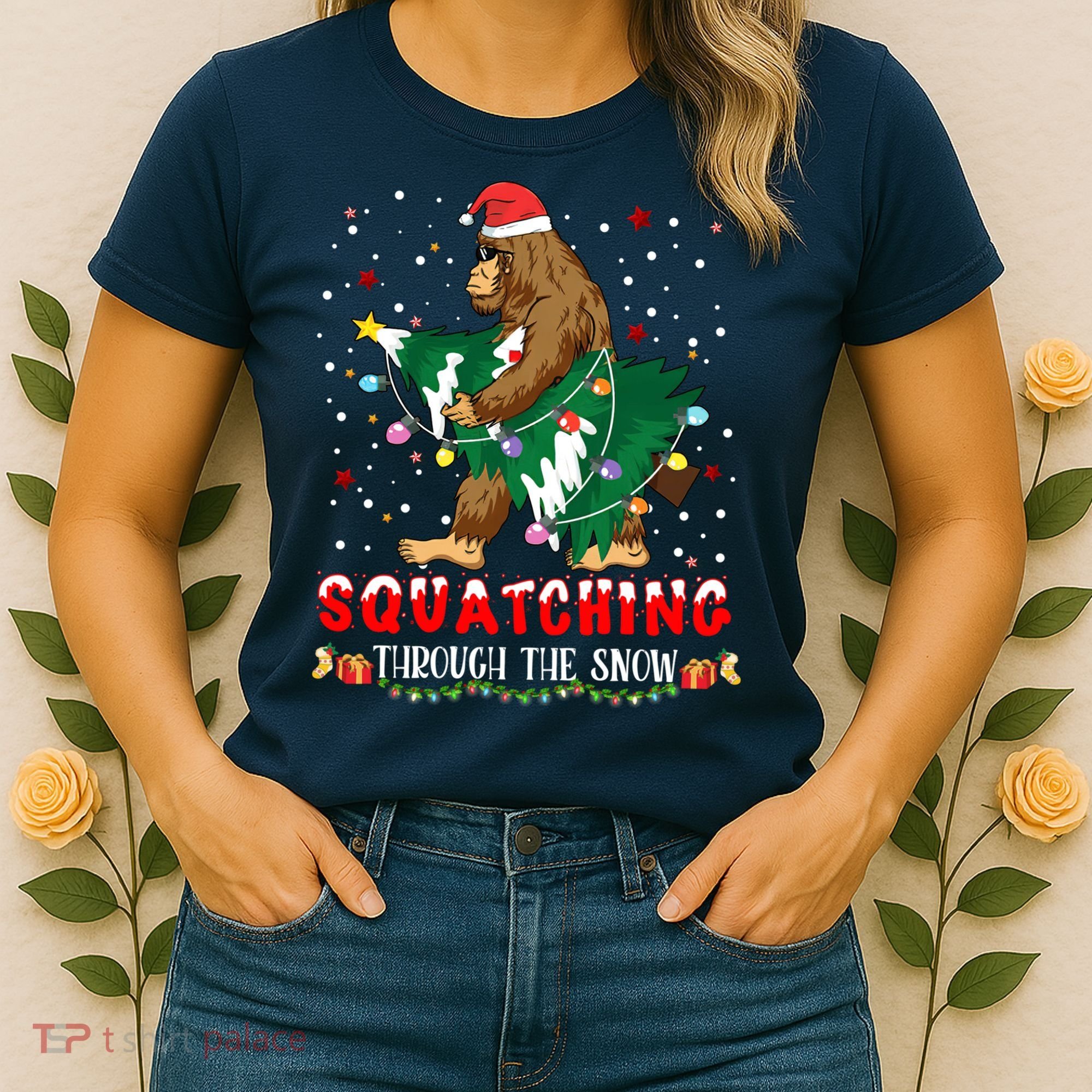 Sasquatch Christmas Squatching Bigfoot Santa Xmas Tree Light Women's T-Shirt