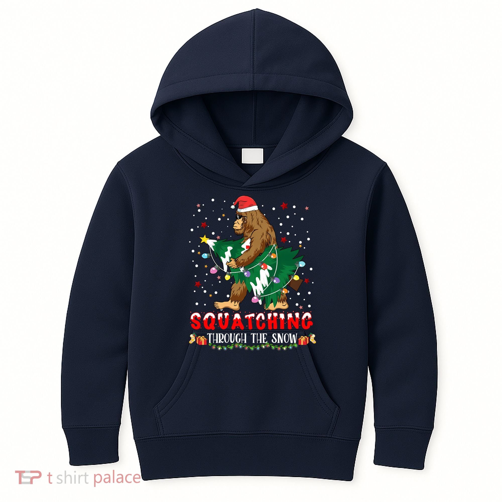 Sasquatch Christmas Squatching Bigfoot Santa Xmas Tree Light Kids Hoodie