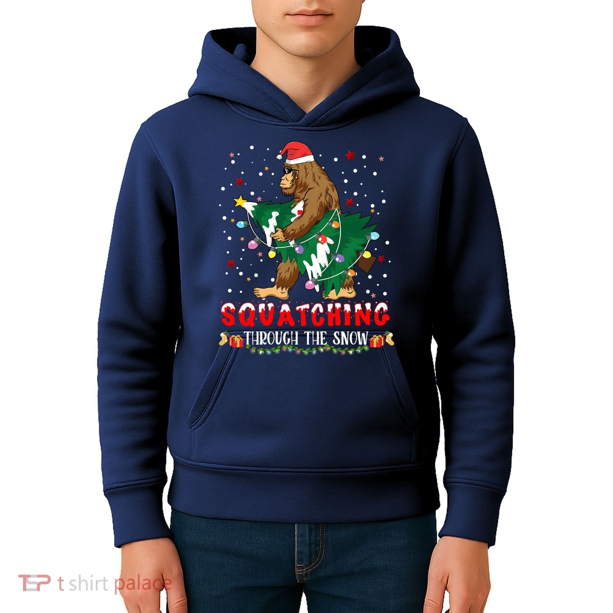 Sasquatch Christmas Squatching Bigfoot Santa Xmas Tree Light Kids Hoodie