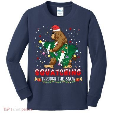 Sasquatch Christmas Squatching Bigfoot Santa Xmas Tree Light Kids Long Sleeve Shirt
