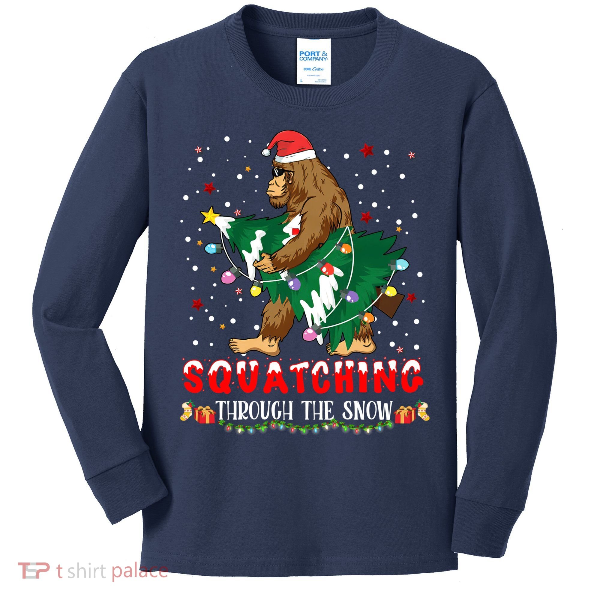 Sasquatch Christmas Squatching Bigfoot Santa Xmas Tree Light Kids Long Sleeve Shirt