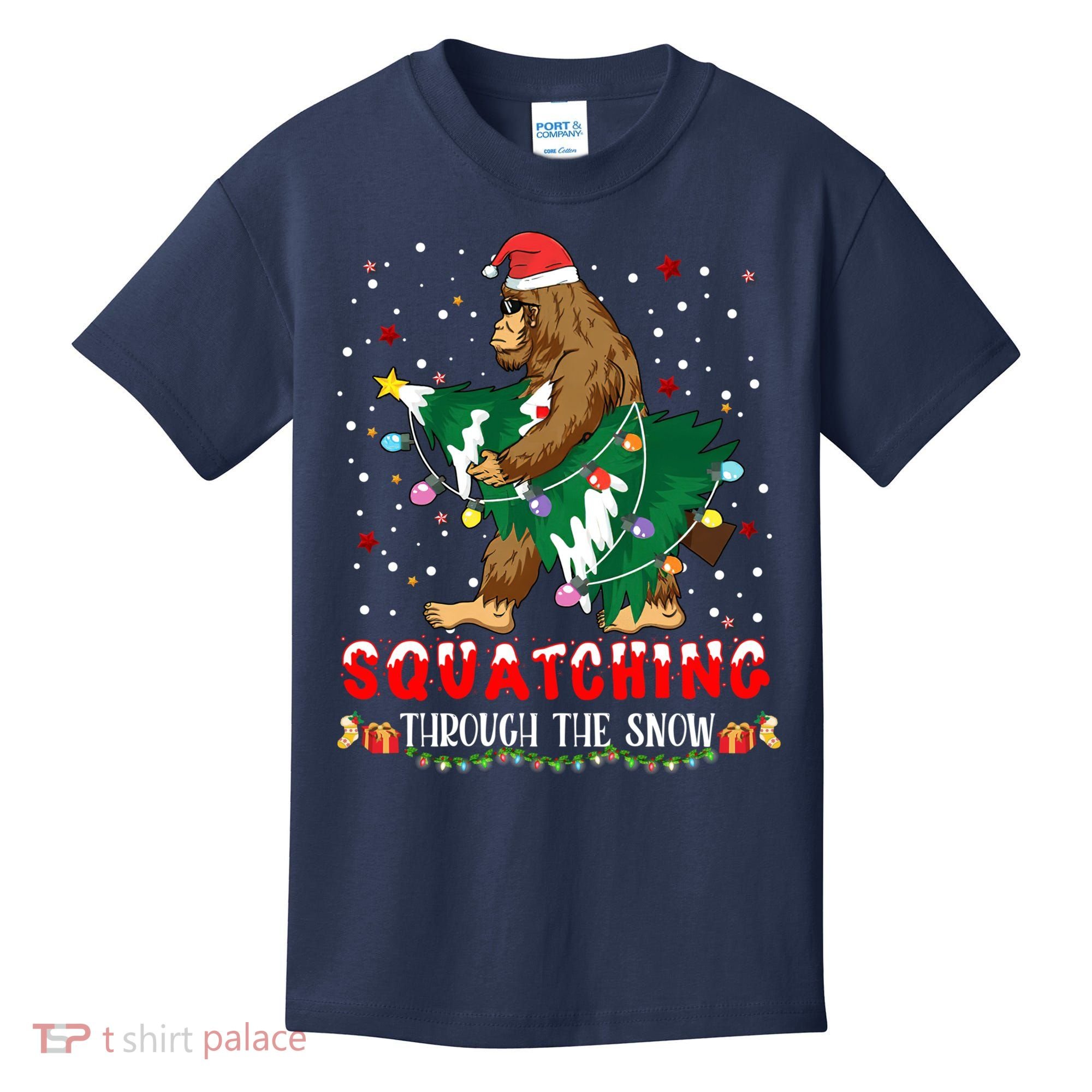 Sasquatch Christmas Squatching Bigfoot Santa Xmas Tree Light Kids T-Shirt