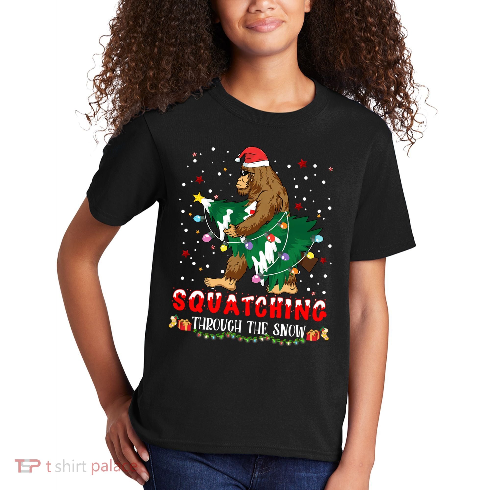Sasquatch Christmas Squatching Bigfoot Santa Xmas Tree Light Kids T-Shirt