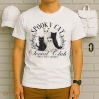Spooky Cat Social Club Ghost Cat Halloween Gothic Black Cat T-Shirt thumb 6