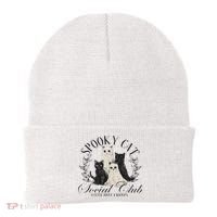 Spooky Cat Social Club Ghost Cat Halloween Gothic Black Cat Beanie thumb 0
